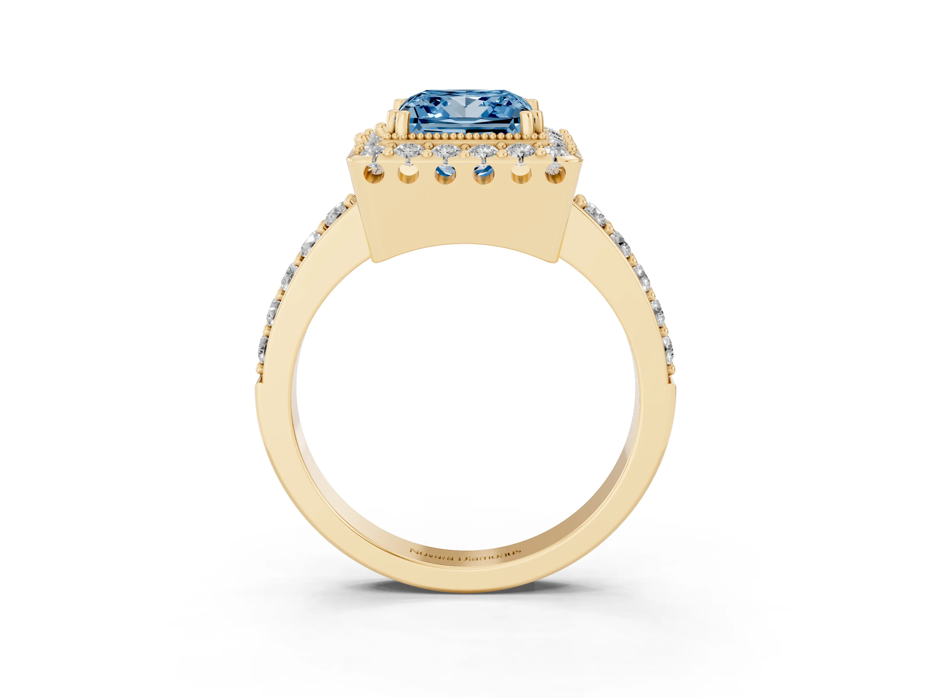 Fancy Blue Princess Cut Diamond Halo Ring Set in Yellow gold with Pavé Shank and Prong Setting