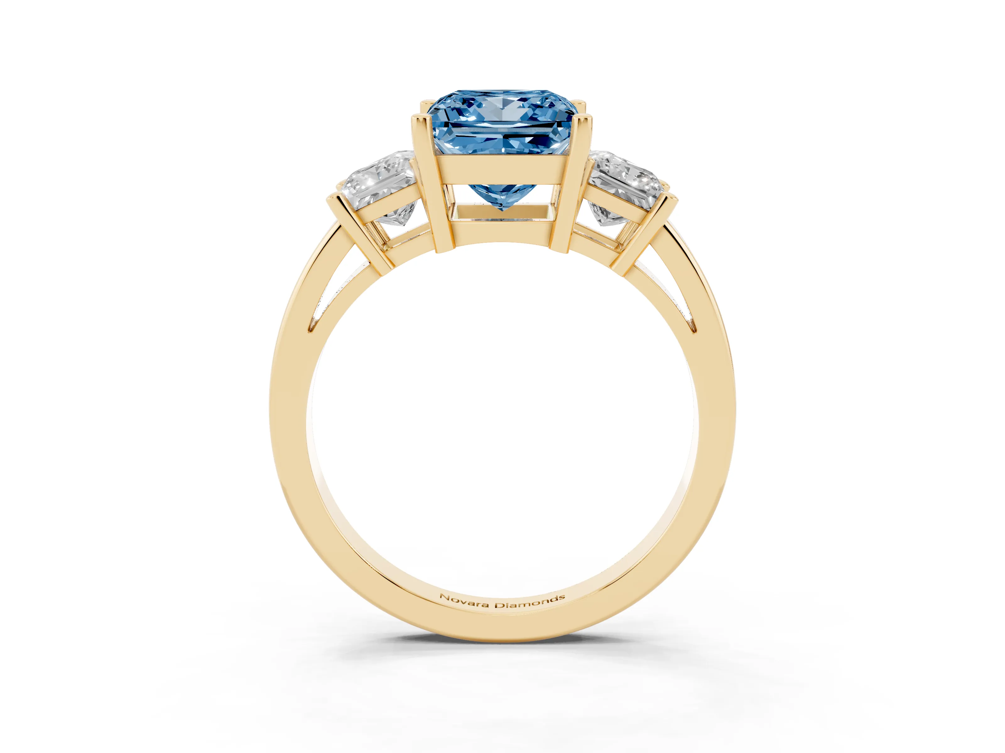 Fancy Blue Three-Stone Princess Cut Diamond Solitaire Ring Set in Yellow gold with Prong Setting