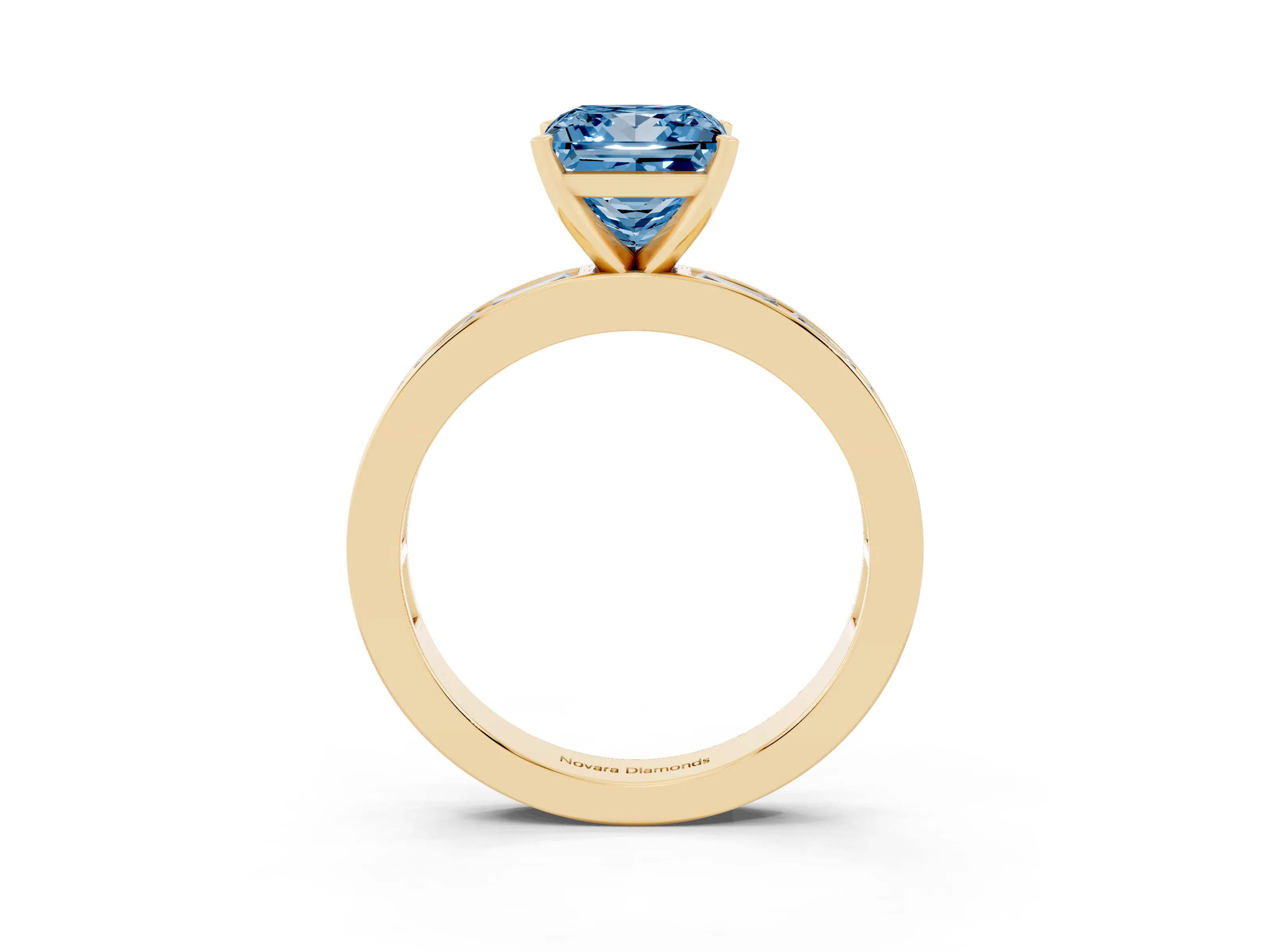 Fancy Blue Princess Cut Diamond Solitaire Ring Set in Yellow gold with Channel-Set Baguette Band and Prong Setting