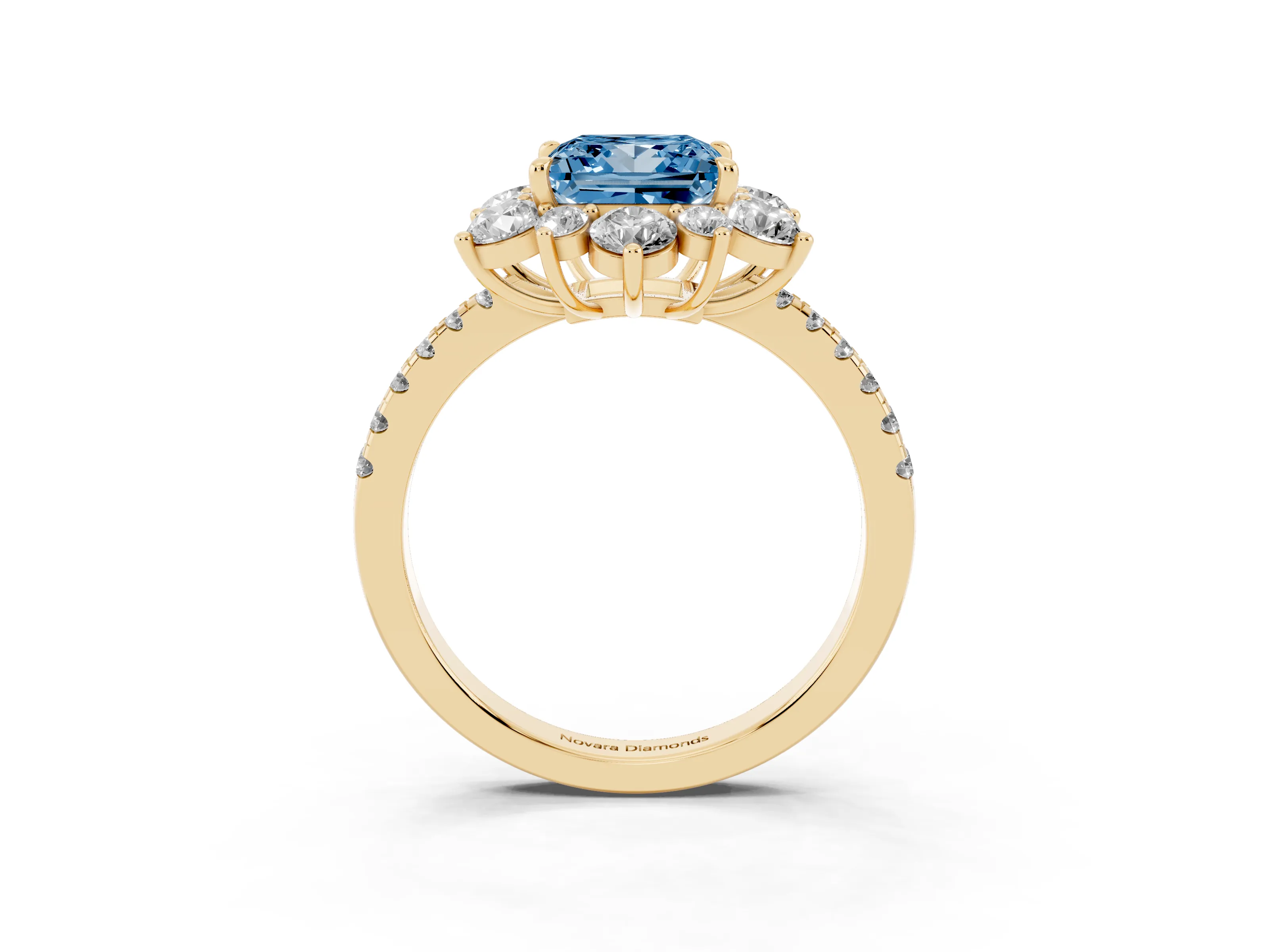 Fancy Blue Princess Cut Diamond Floral Halo Ring Set in Yellow gold with Round Pavé Band and Prong Setting