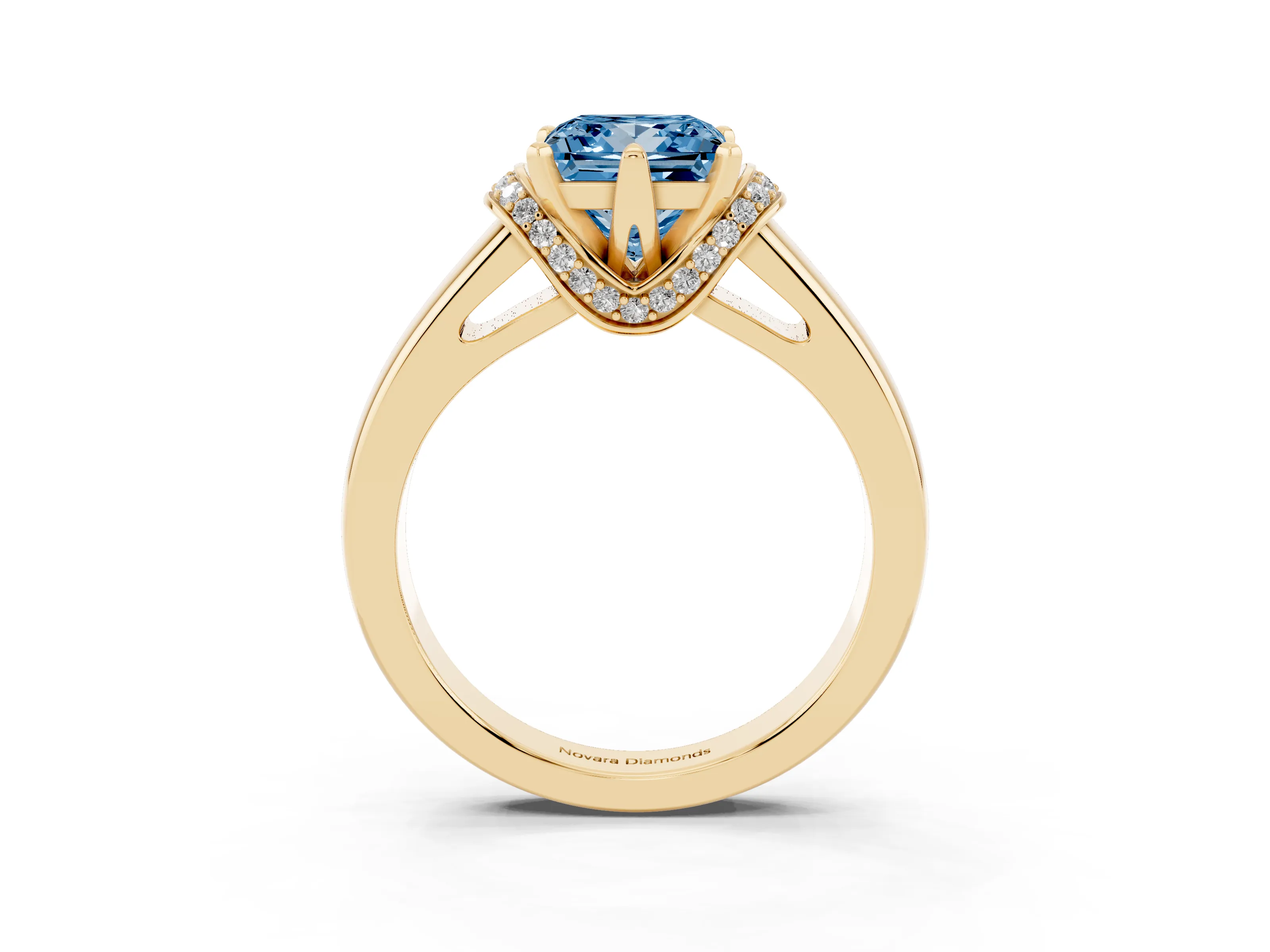 Fancy Blue Princess Cut Diamond Pavé Band Solitaire Ring Set in Yellow gold with Prong Setting