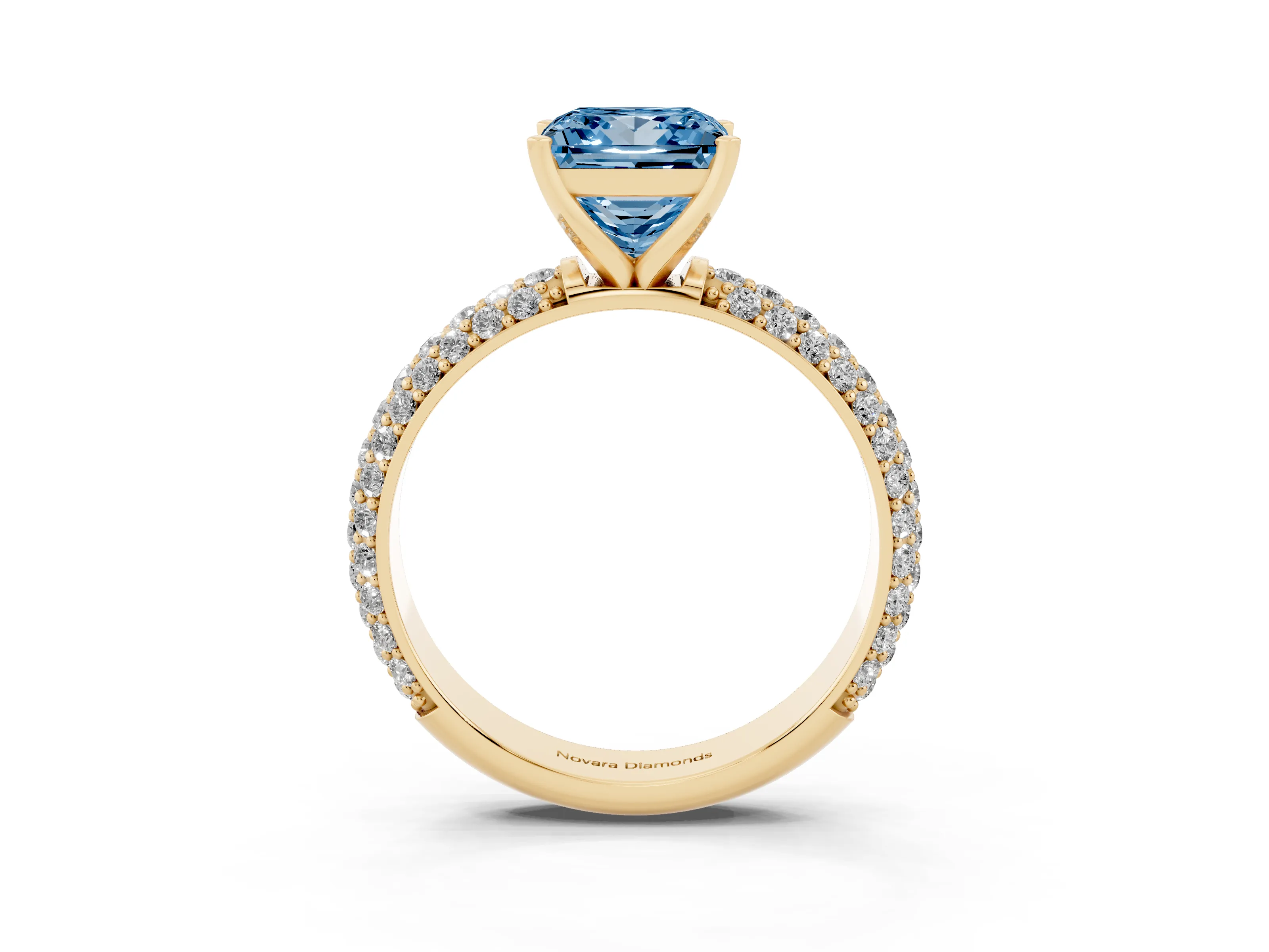 Fancy Blue Princess Cut Diamond Solitaire Ring Set in Yellow gold with Prong Setting and Pavé-Set Band