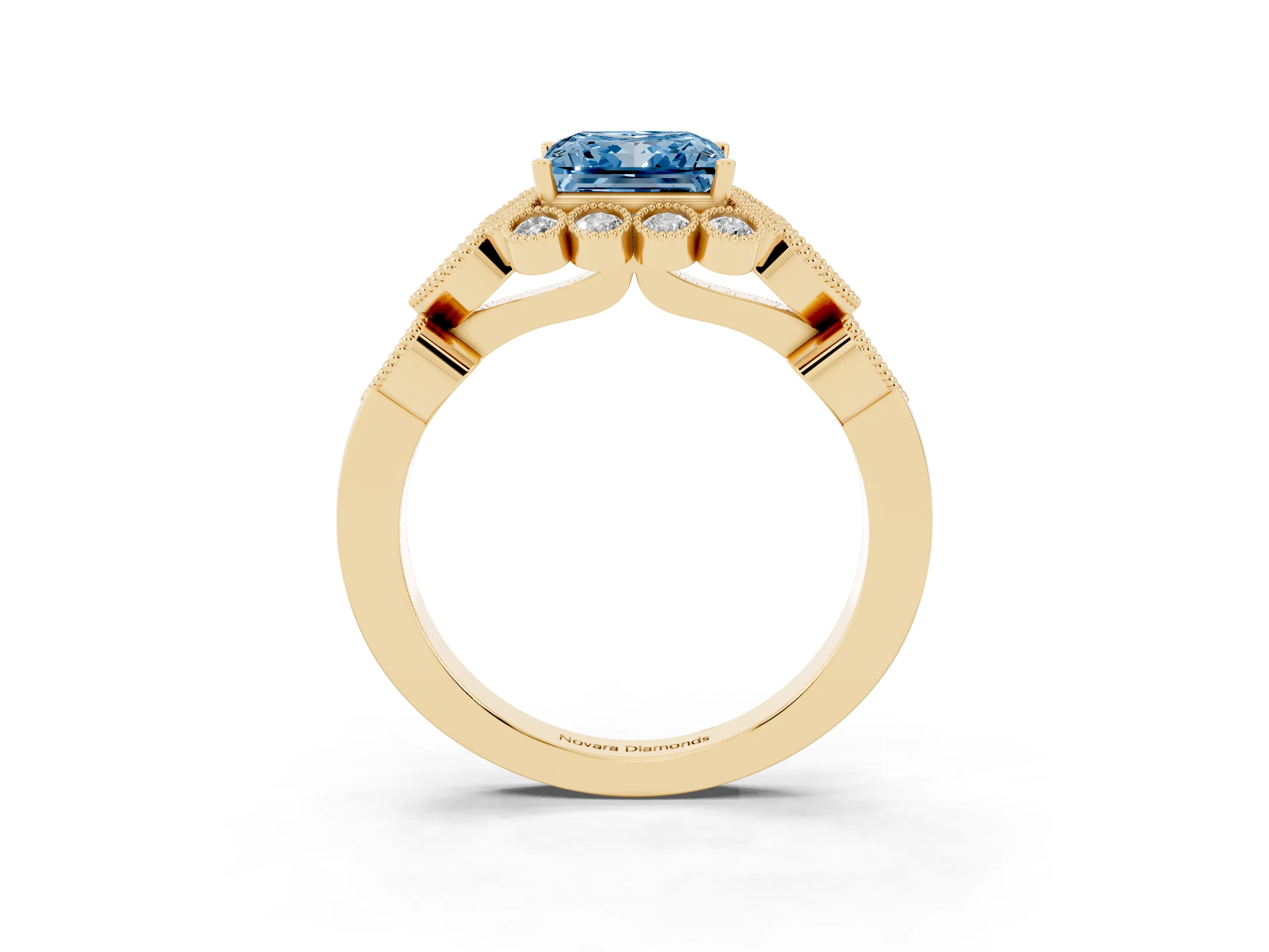 Fancy Blue Princess Cut Diamond Solitaire Ring Set in Yellow gold with Milgrain Pavé Heart Band