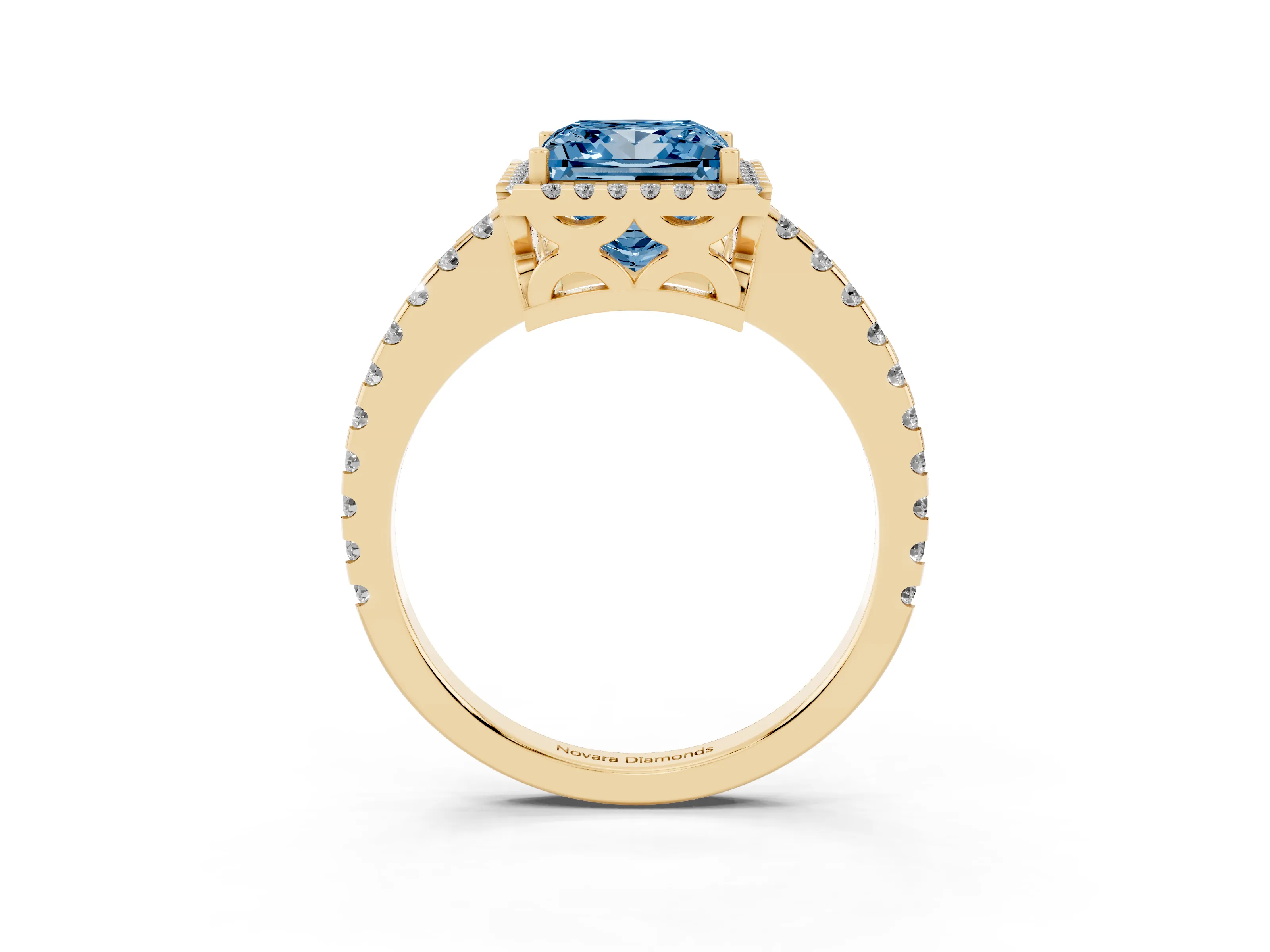 Fancy Blue Princess Cut Diamond Halo Ring Set in Yellow gold with Pavé Shoulders and Halo-Framed Center