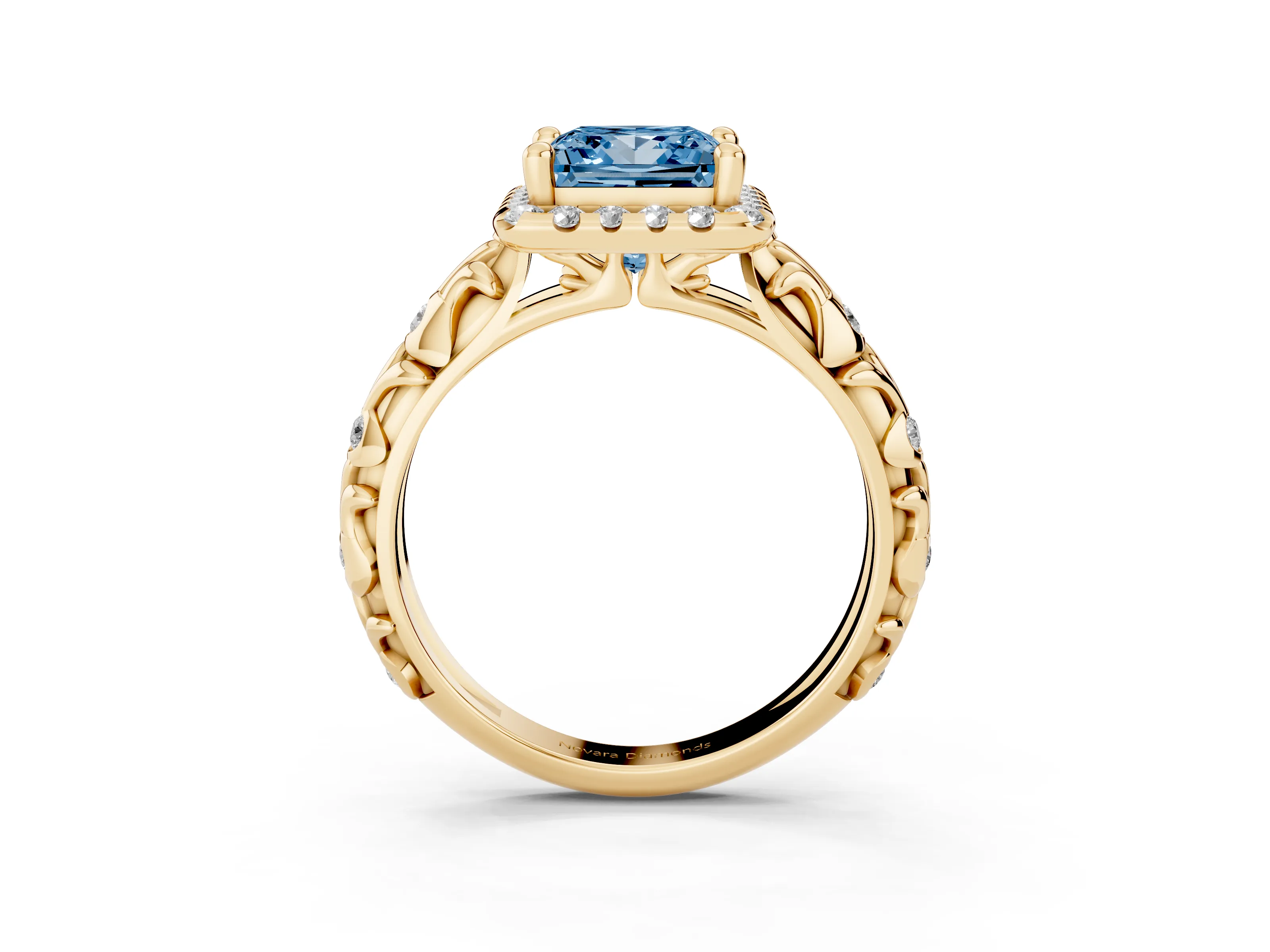 Fancy Blue Princess Cut Diamond Halo Ring Set in Yellow gold with Filigree Leaf Band and Prong Setting