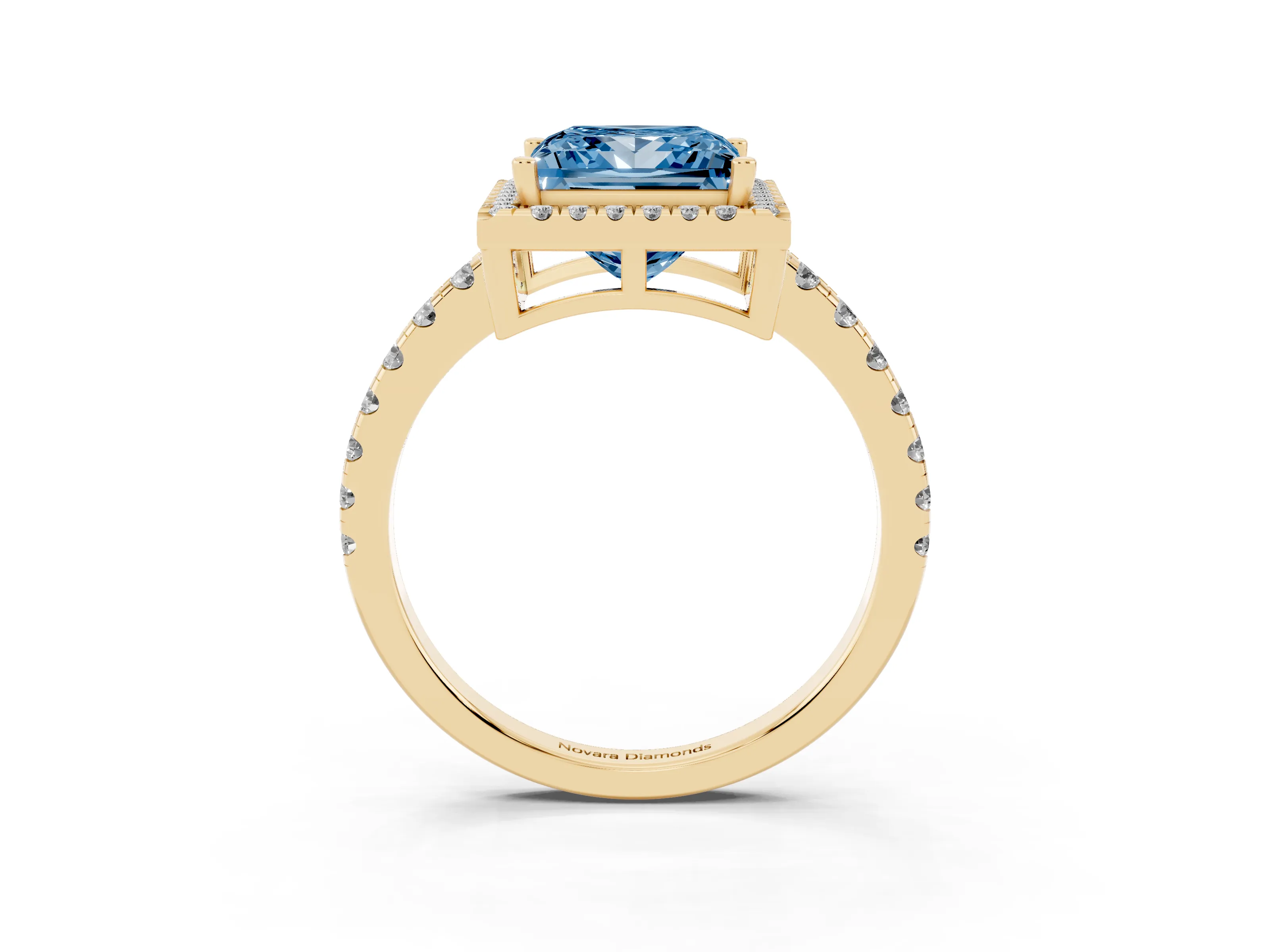 Fancy Blue Princess Cut Diamond Halo Ring Set in Yellow gold with Delicate Pavé Band and Prong Setting