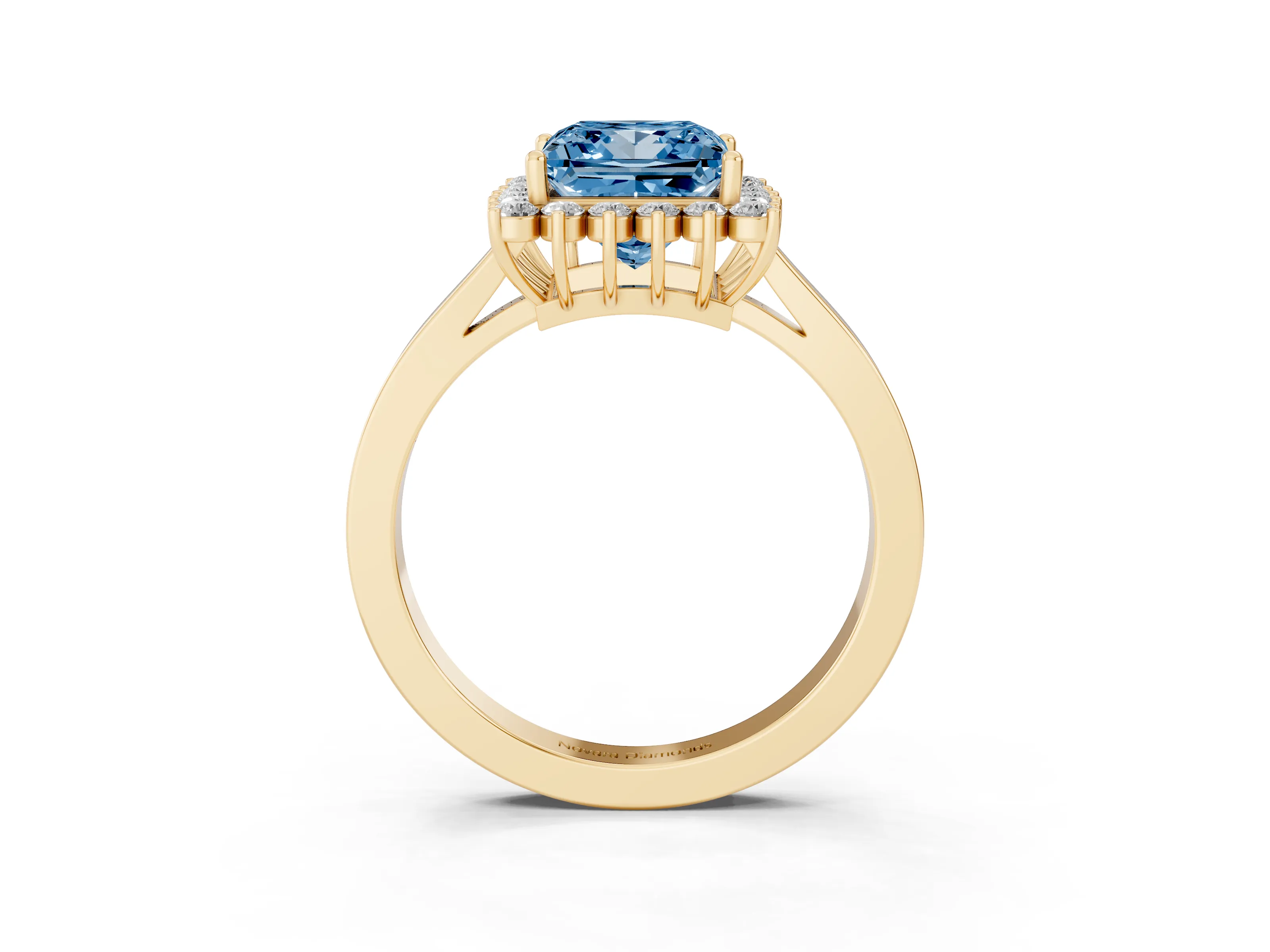 Fancy Blue Princess Cut Diamond Halo Ring Set in Yellow gold with Round Halo and Smooth Solitaire Band