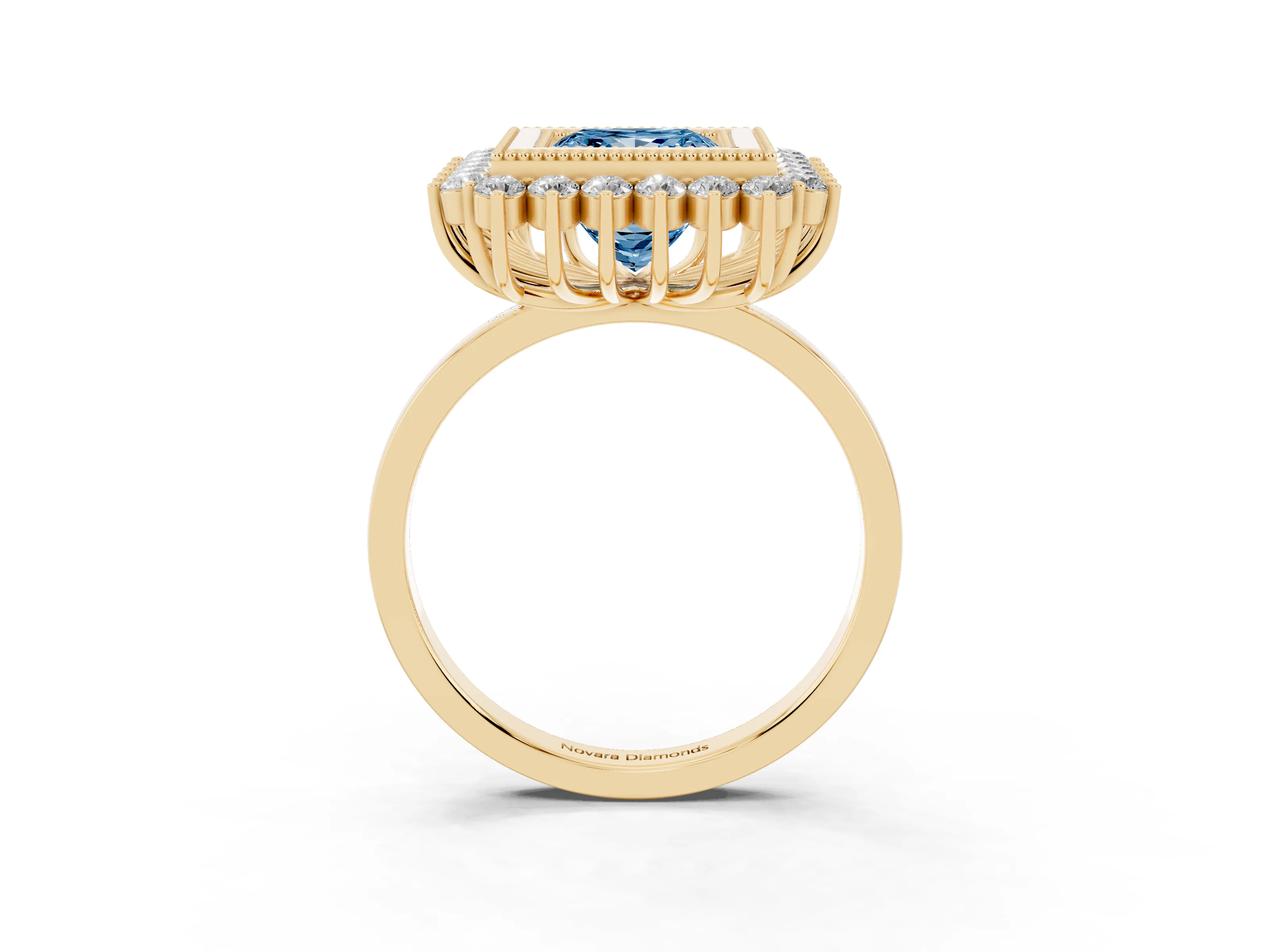 Fancy Blue Princess Cut Diamond Halo Ring Set in Yellow gold with Milgrain Edge and Round Prong Setting