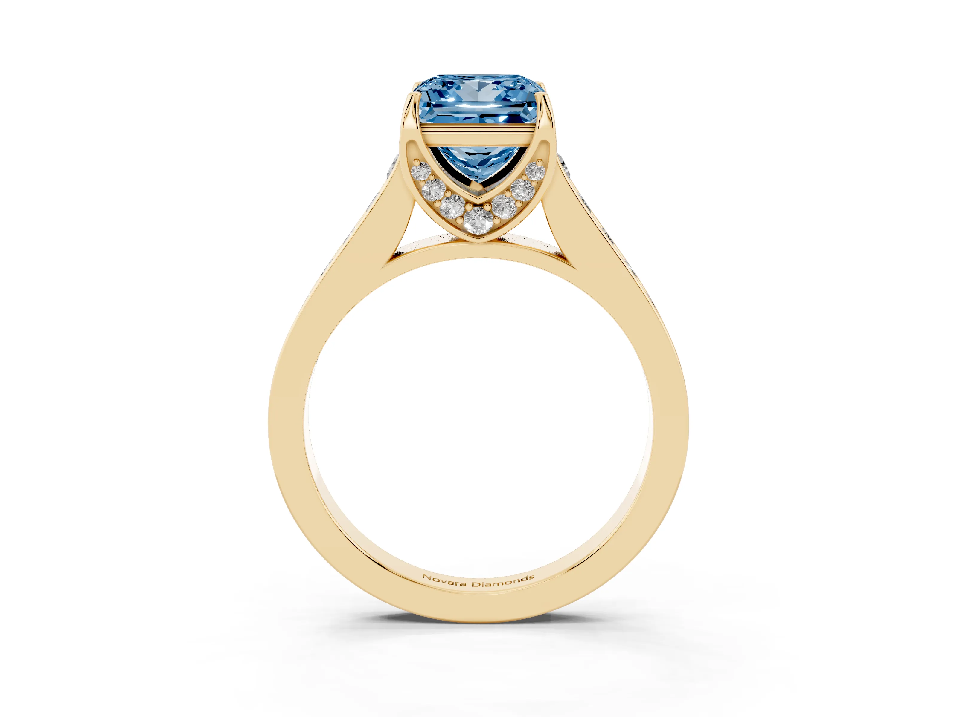 Fancy Blue Princess Cut Diamond Solitaire Pavé Engagement Ring Set in Yellow gold with Prong Setting