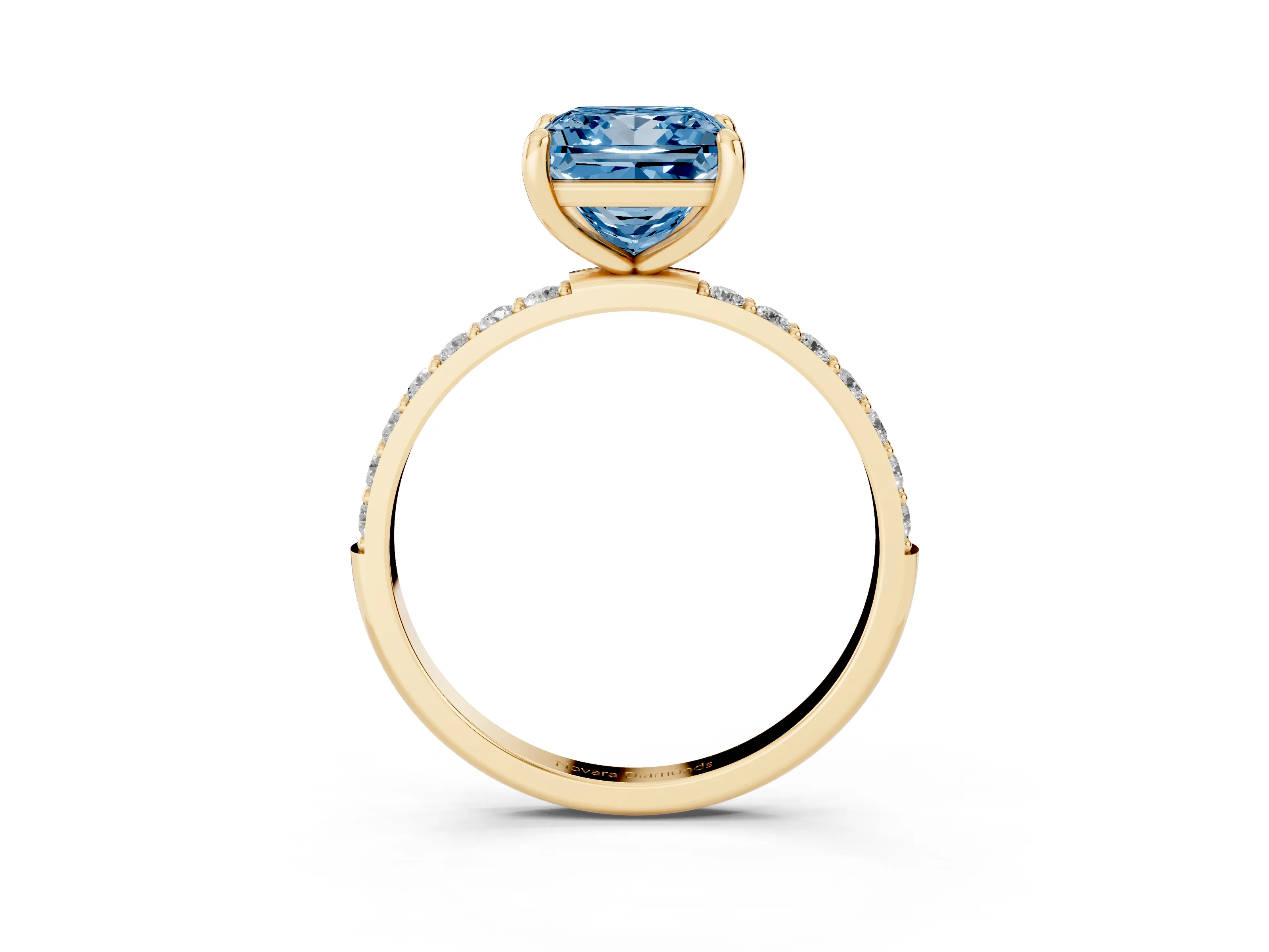Fancy Blue Princess Cut Diamond Solitaire Ring Set in Yellow gold with Round Pavé Band and Prong Setting