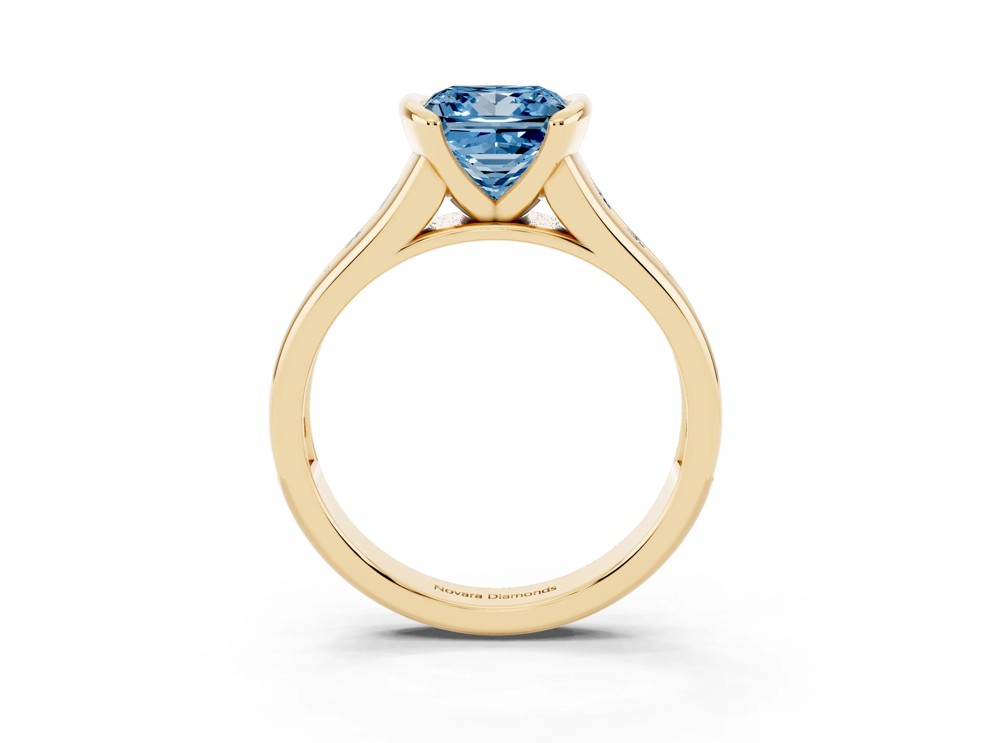 Fancy Blue Princess Cut Diamond Bezel-Set Solitaire Ring Set in Yellow gold with Channel-Set Band