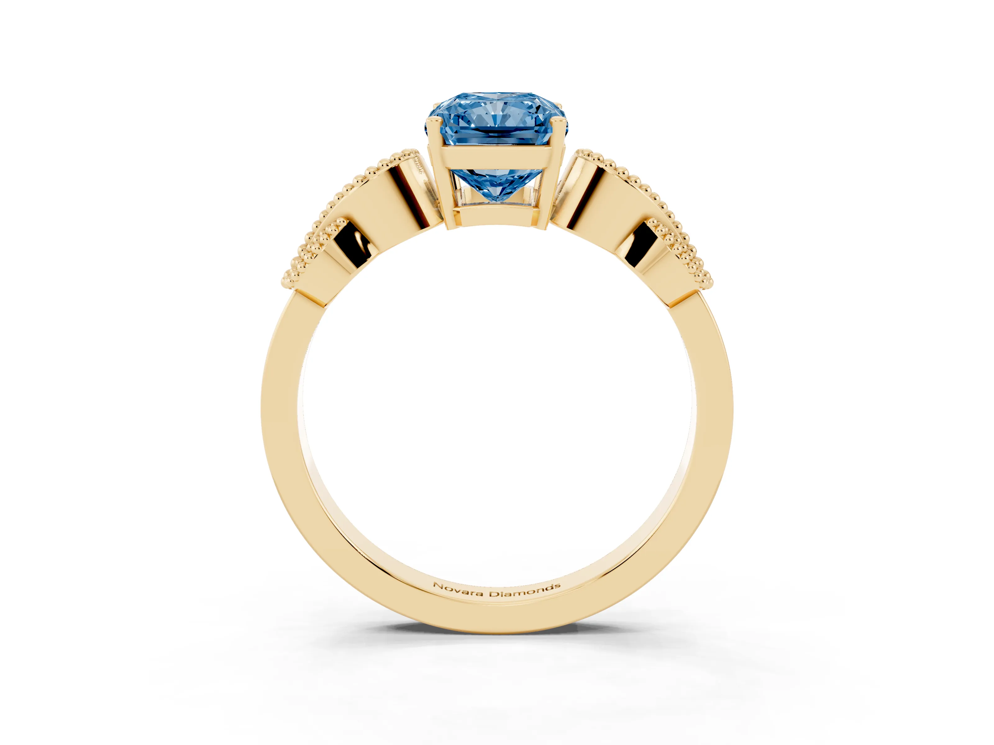Fancy Blue Princess Cut Diamond Milgrain Leaf Band Solitaire Ring Set in Yellow gold with Accent Stones and Prong Setting
