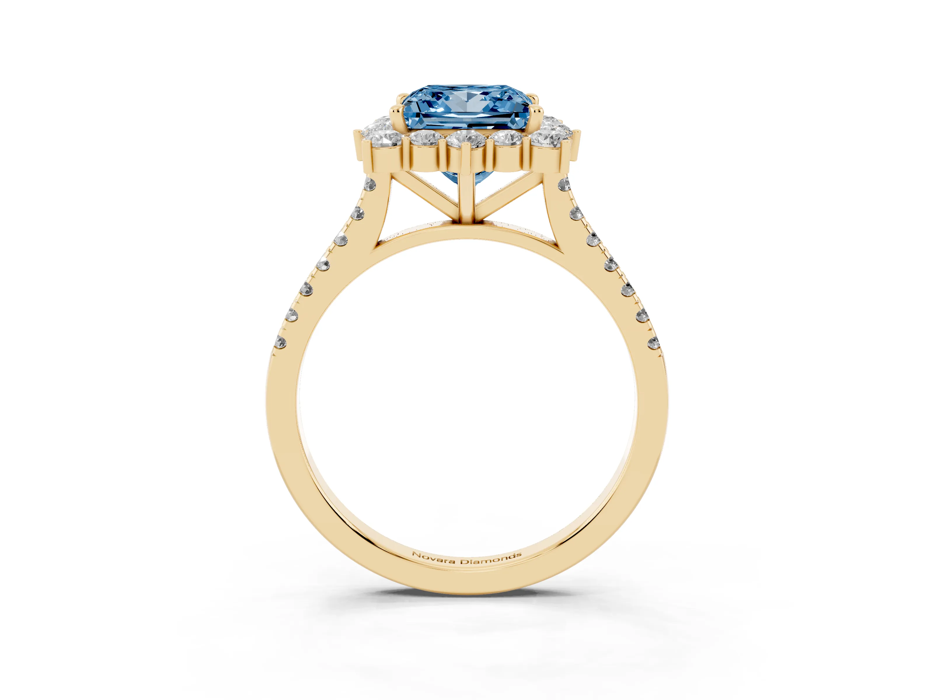 Fancy Blue Princess Cut Diamond Halo Ring Set in Yellow gold with Pavé Band and Prong Setting