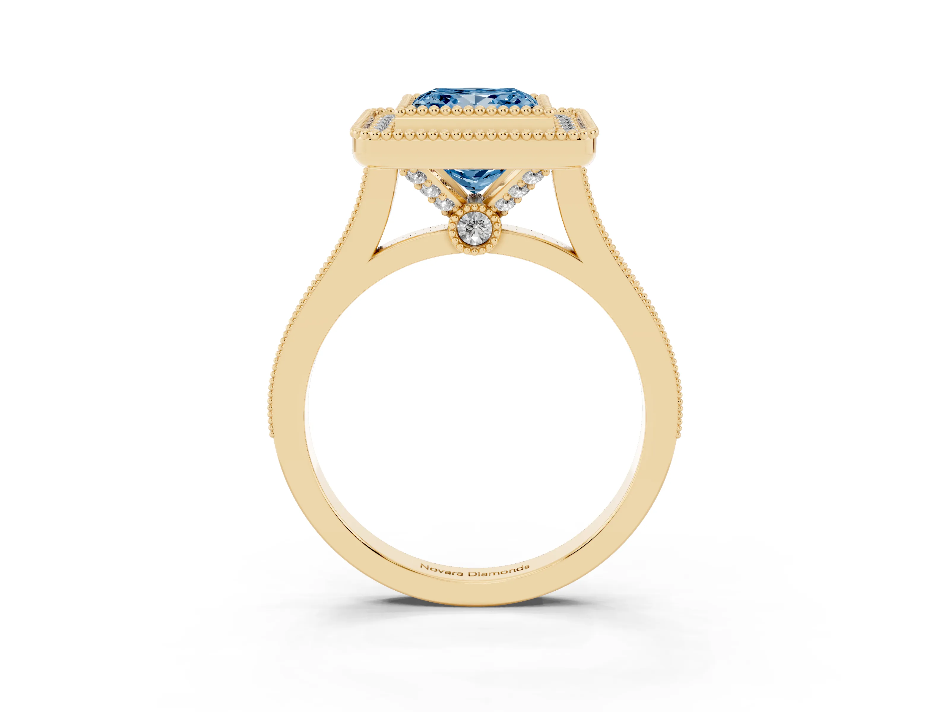 Fancy Blue Princess Cut Diamond Halo Ring Set in Yellow gold with Milgrain Frame and Pavé Band