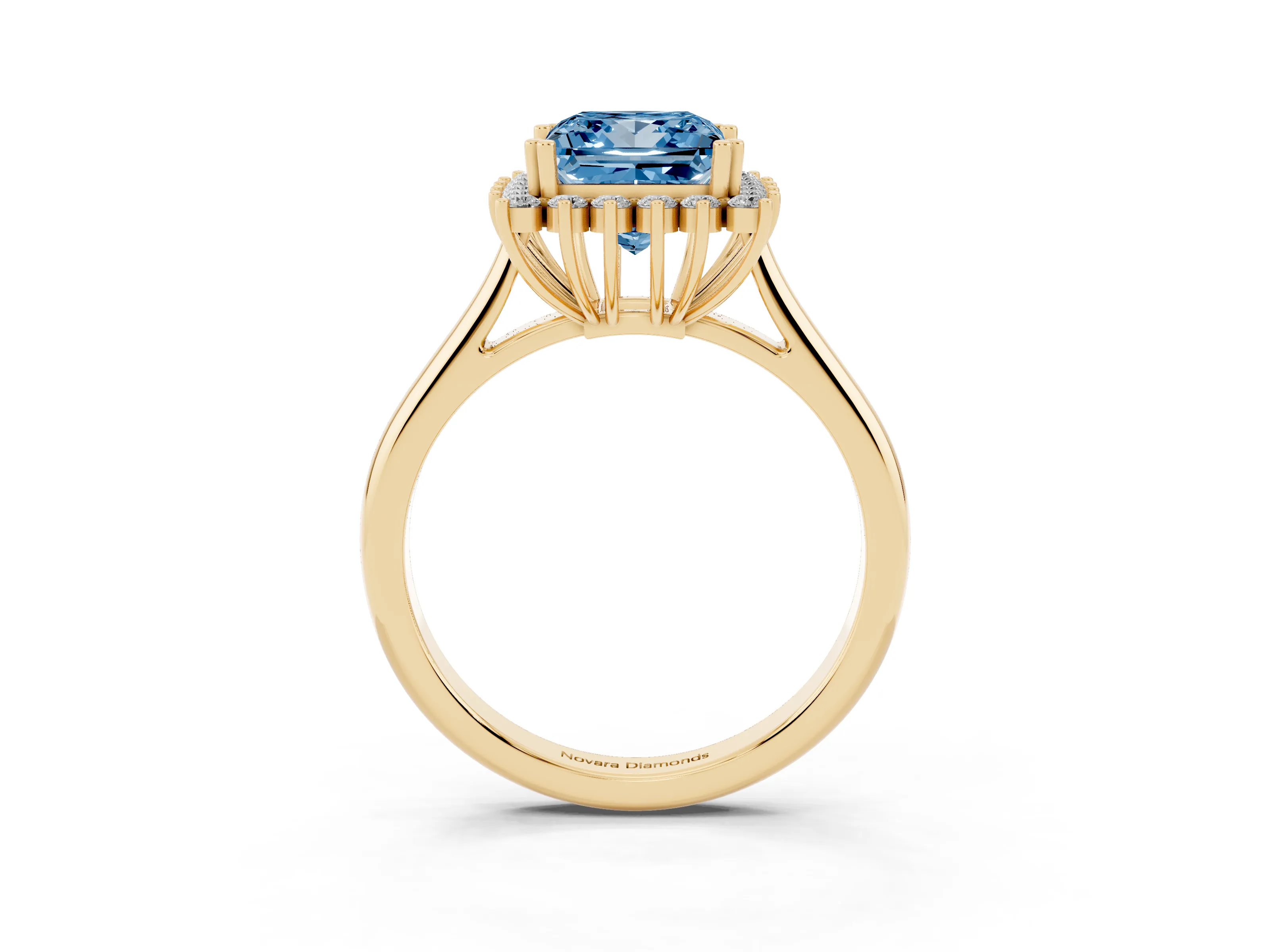 Fancy Blue Princess Cut Diamond Halo Ring Set in Yellow gold with Plain Solitaire Band and Prong Setting