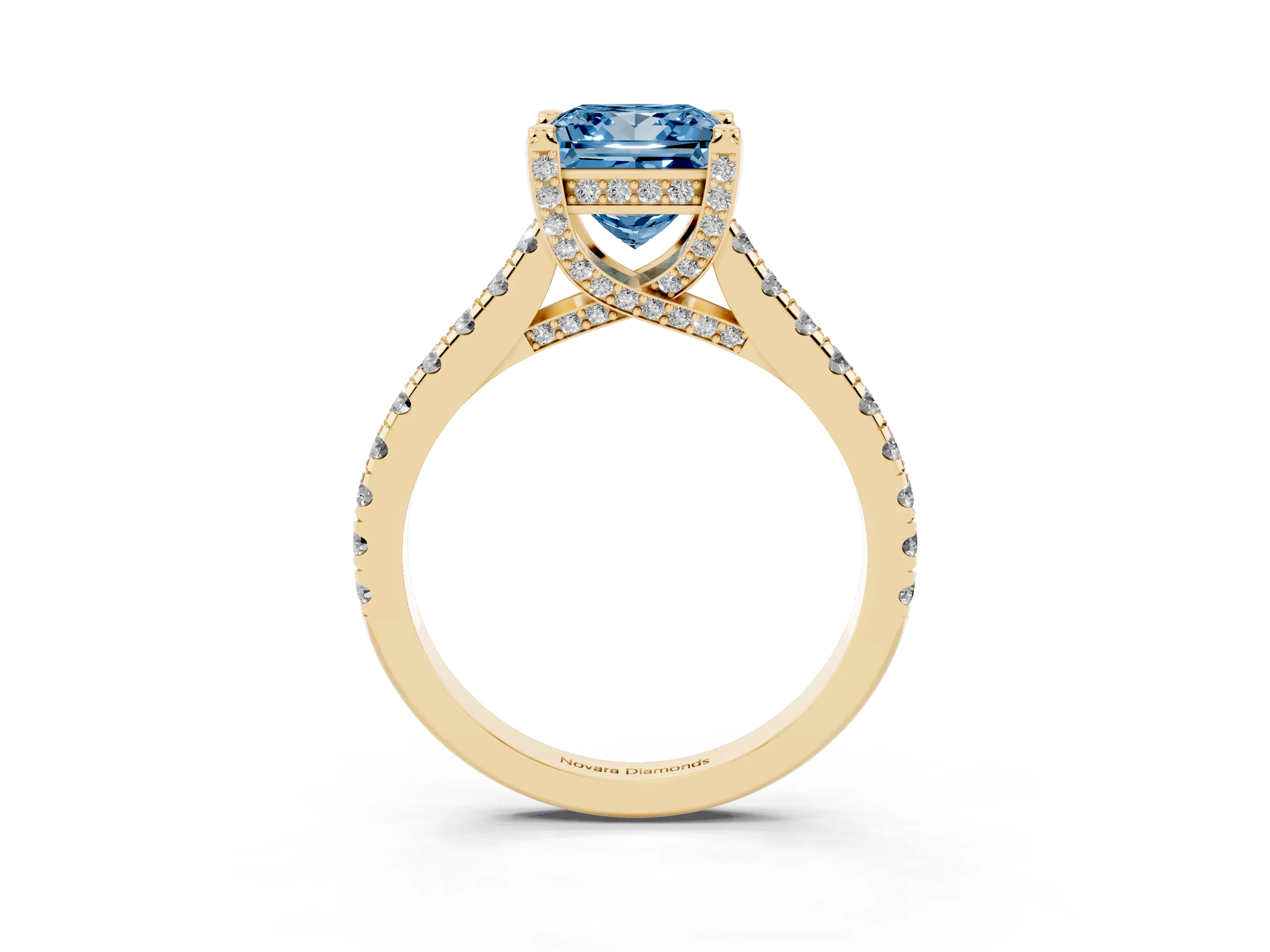 Fancy Blue Princess Cut Diamond Solitaire Ring Set in Yellow gold with Brilliant Pavé Band and Prong Setting
