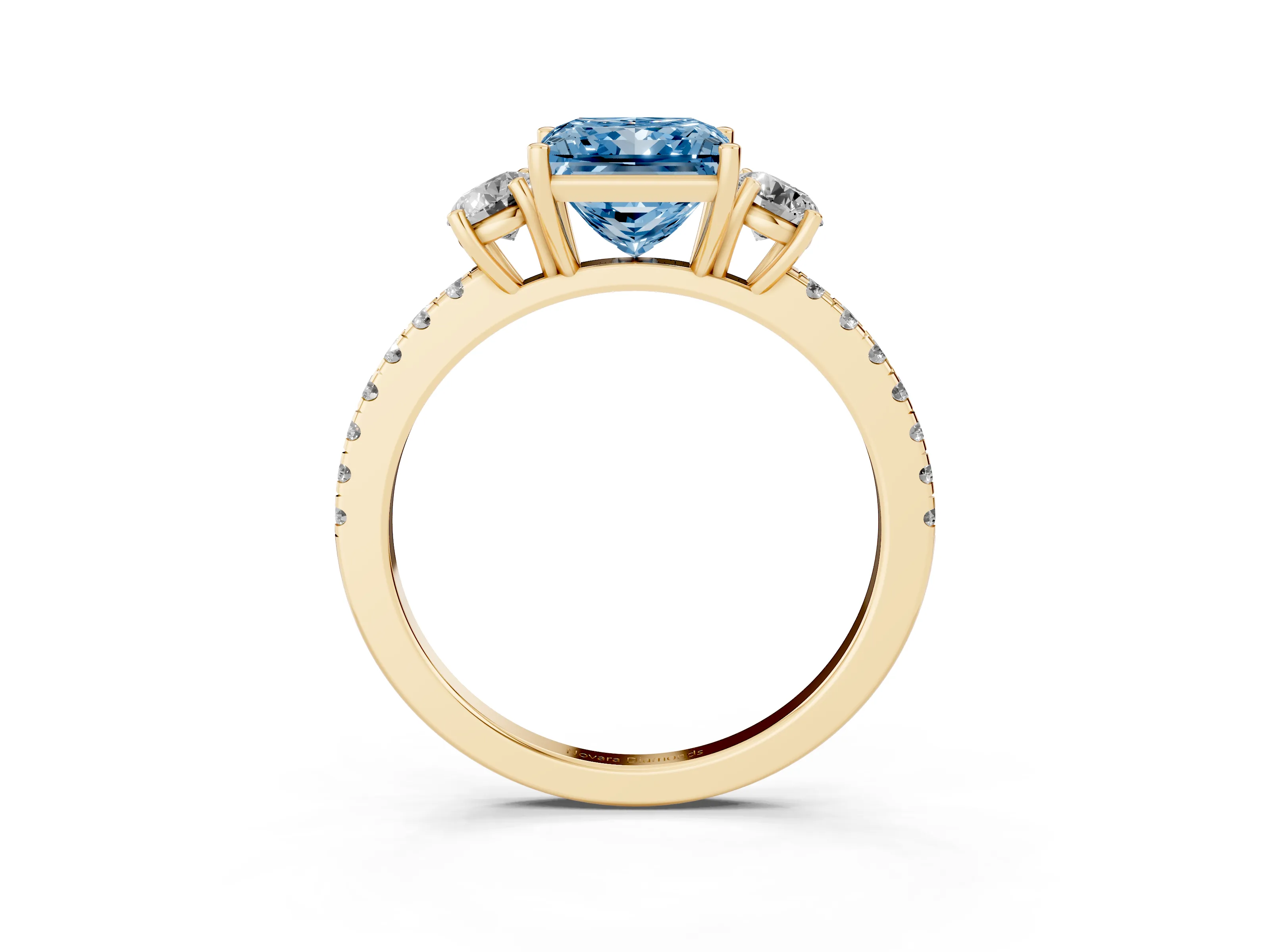 Fancy Blue Princess Cut Diamond Three-Stone Ring Set in Yellow gold with Pavé Band and Graduated Sides