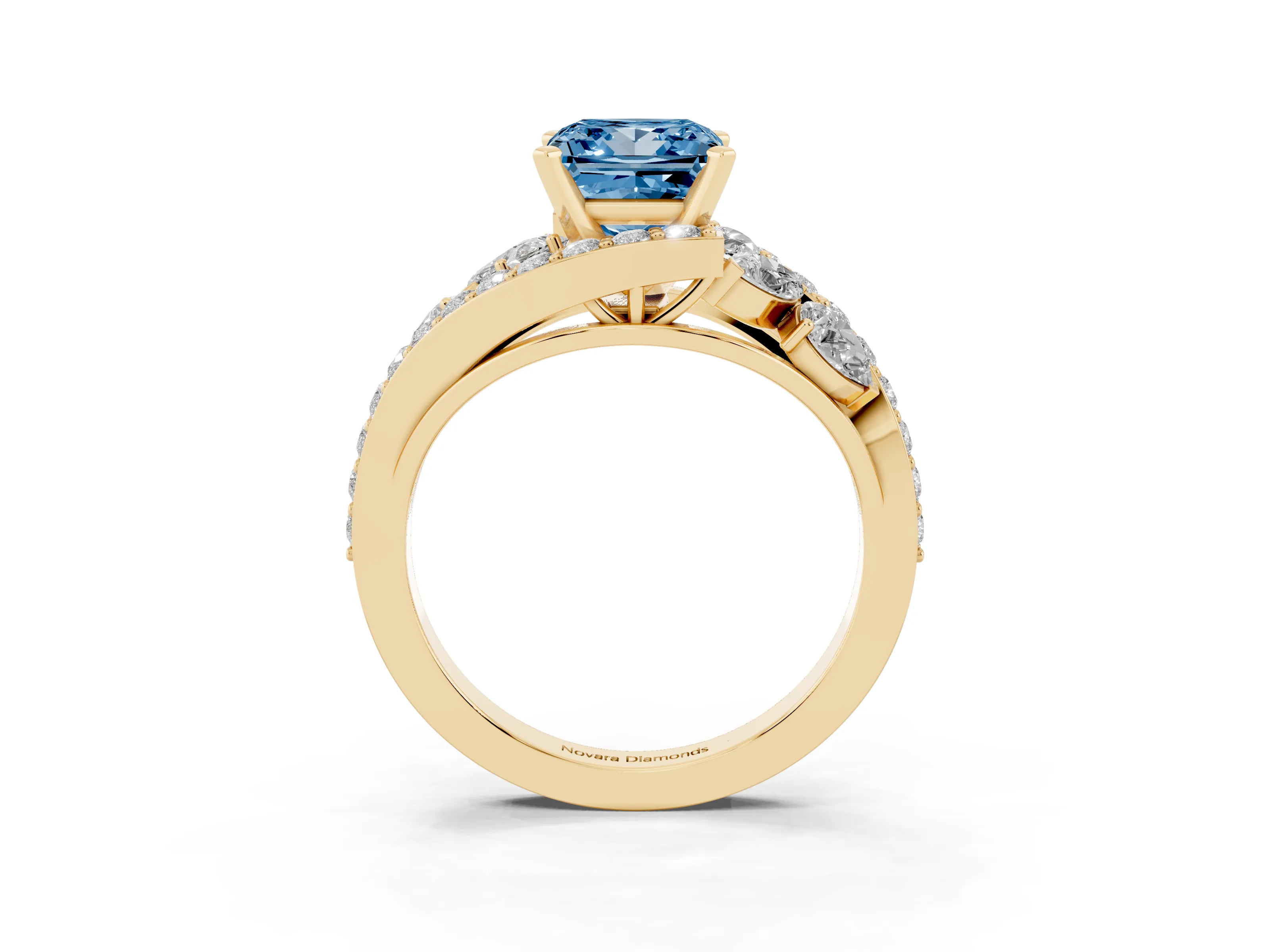 Fancy Blue Princess Cut Diamond Halo Ring Set in Yellow gold with Marquise and Pavé Band in Prong Setting