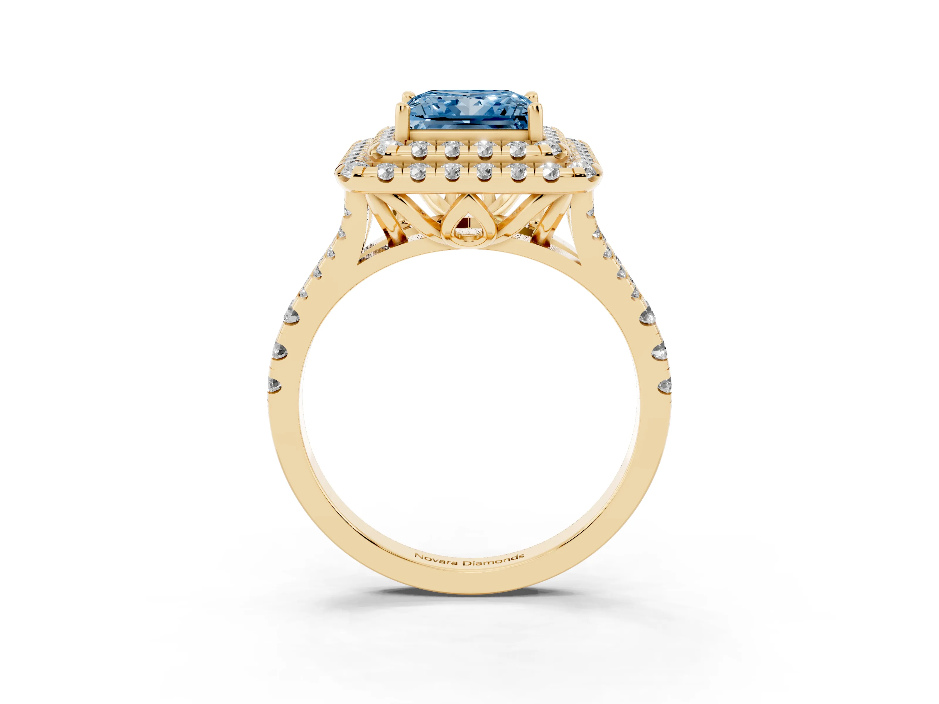 Fancy Blue Princess Cut Diamond Double Halo Ring Set in Yellow gold with Pavé Split Shank and Prong Setting