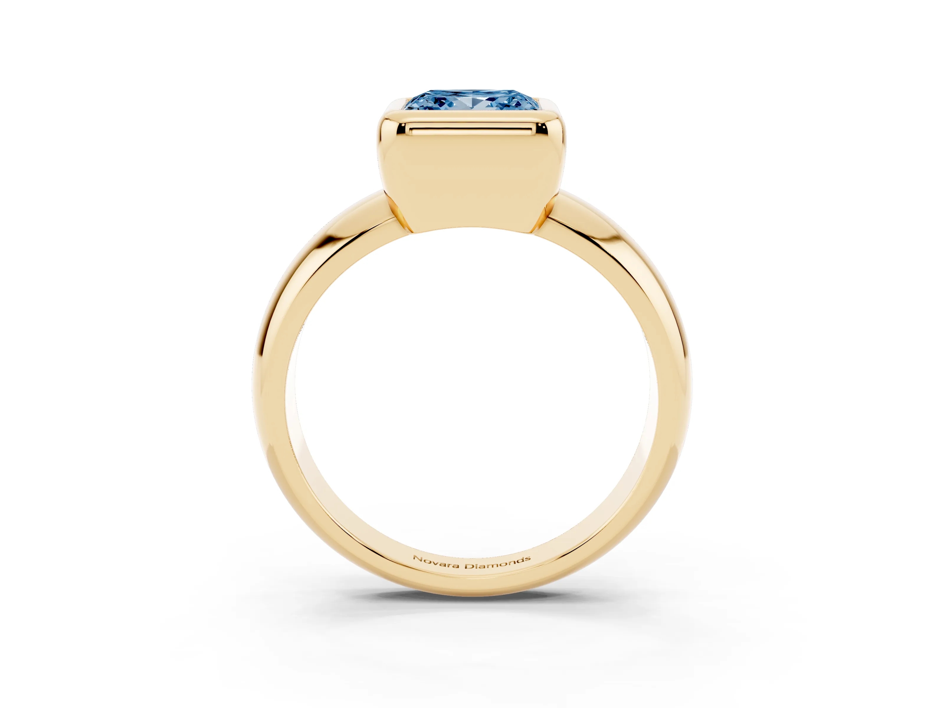 Fancy Blue Bezel Set Princess Cut Diamond Solitaire Ring Set in Yellow gold with Wide Band