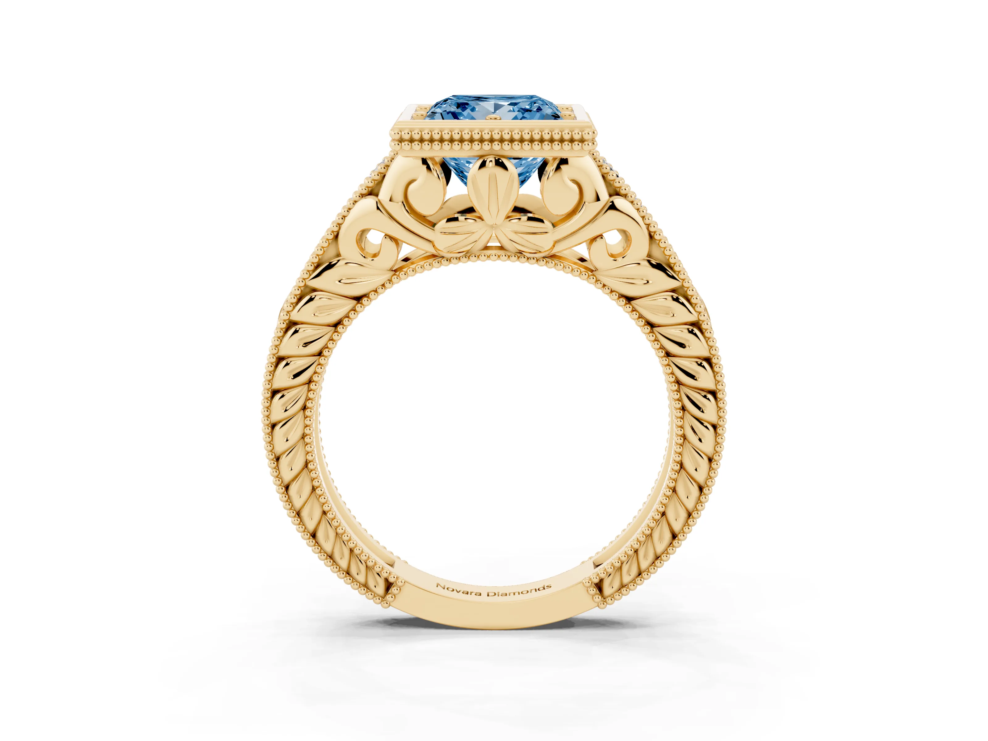 Fancy Blue Bezel Set Princess Cut Diamond Milgrain Pavé Engagement Ring Set in Yellow gold