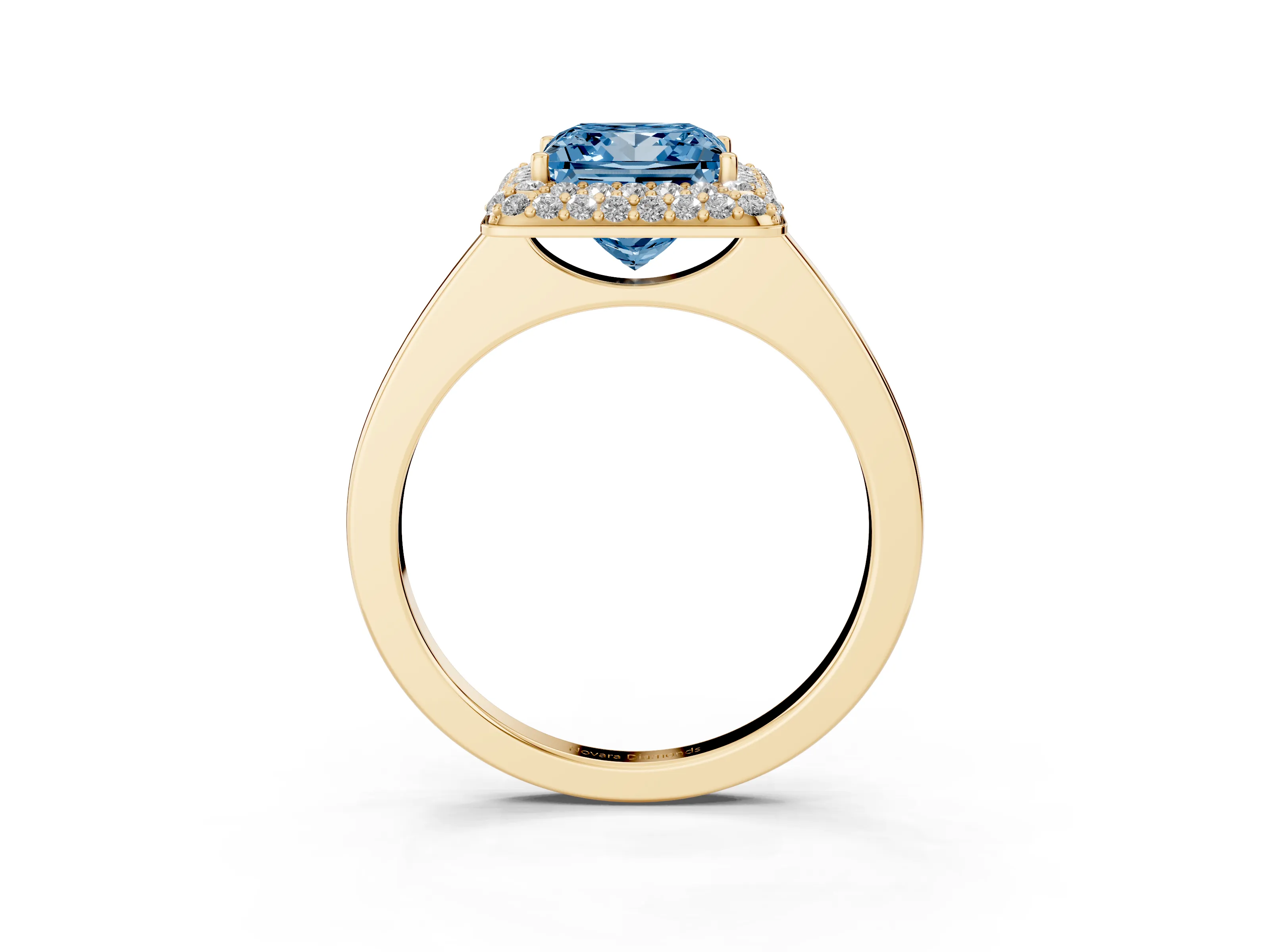 Fancy Blue Princess Cut Diamond Halo Engagement Ring Set in Yellow gold with Solitaire Band and Prong Setting