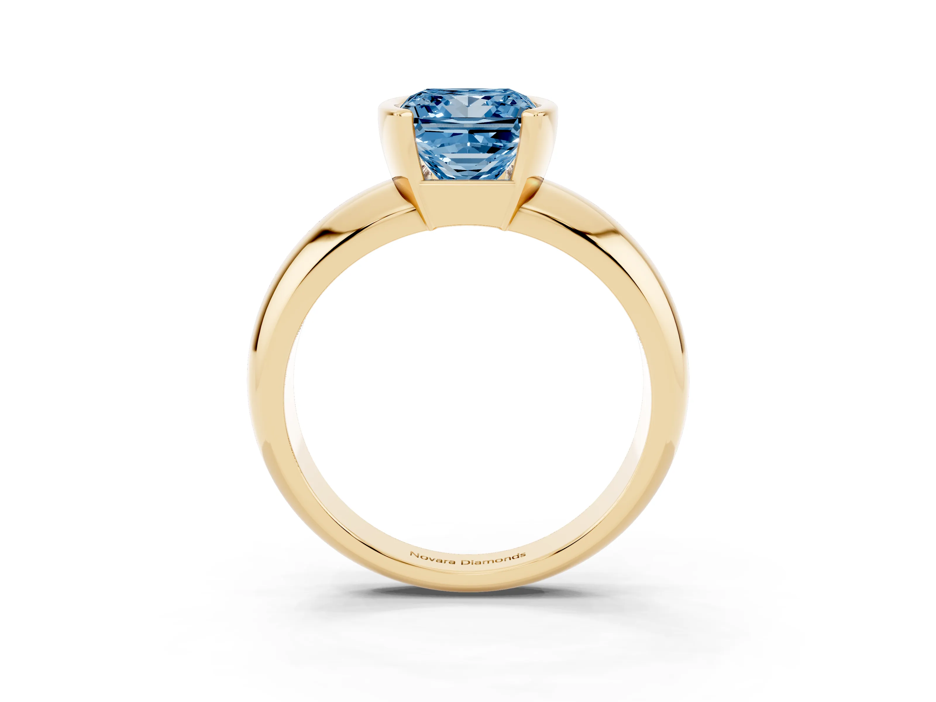 Fancy Blue Princess Cut Diamond Solitaire Tension Set Ring Set in Yellow gold with Wide Band