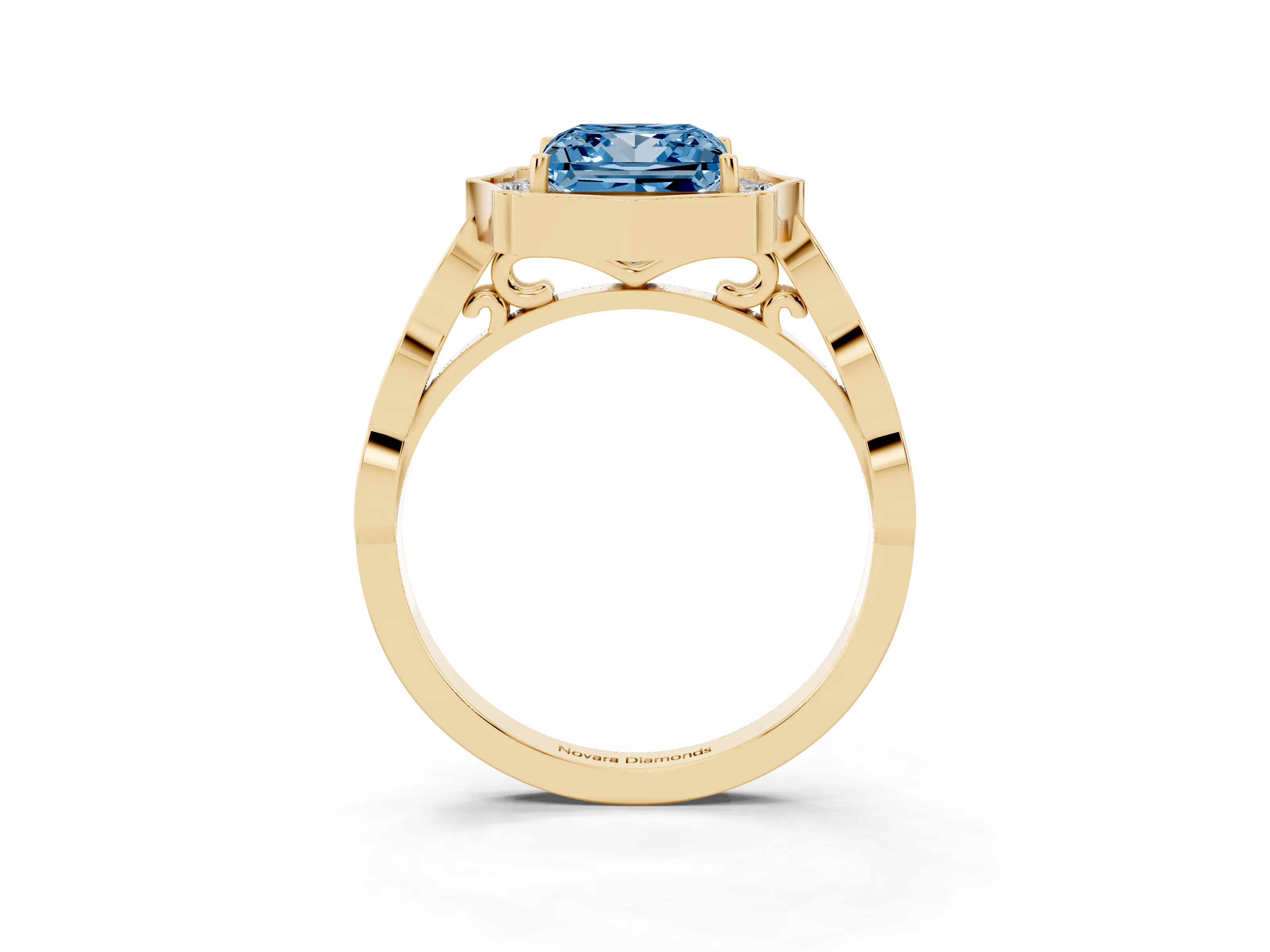 Fancy Blue Princess Cut Diamond Halo Engagement Ring Set in Yellow gold with Milgrain Band and Prong Setting