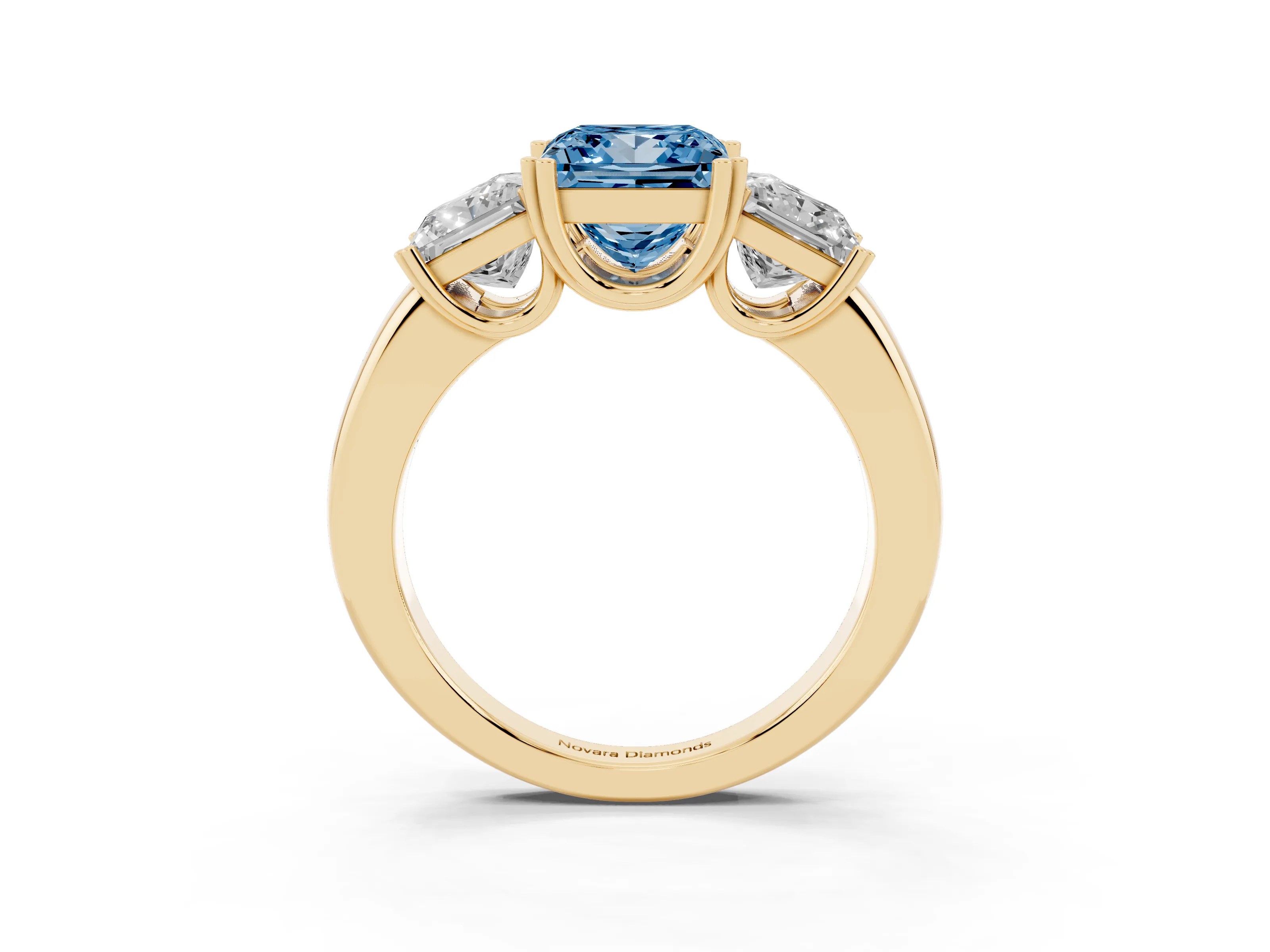 Fancy Blue Princess Cut Diamond Three-Stone Ring Set in Yellow gold with Polished Channel-Set Band