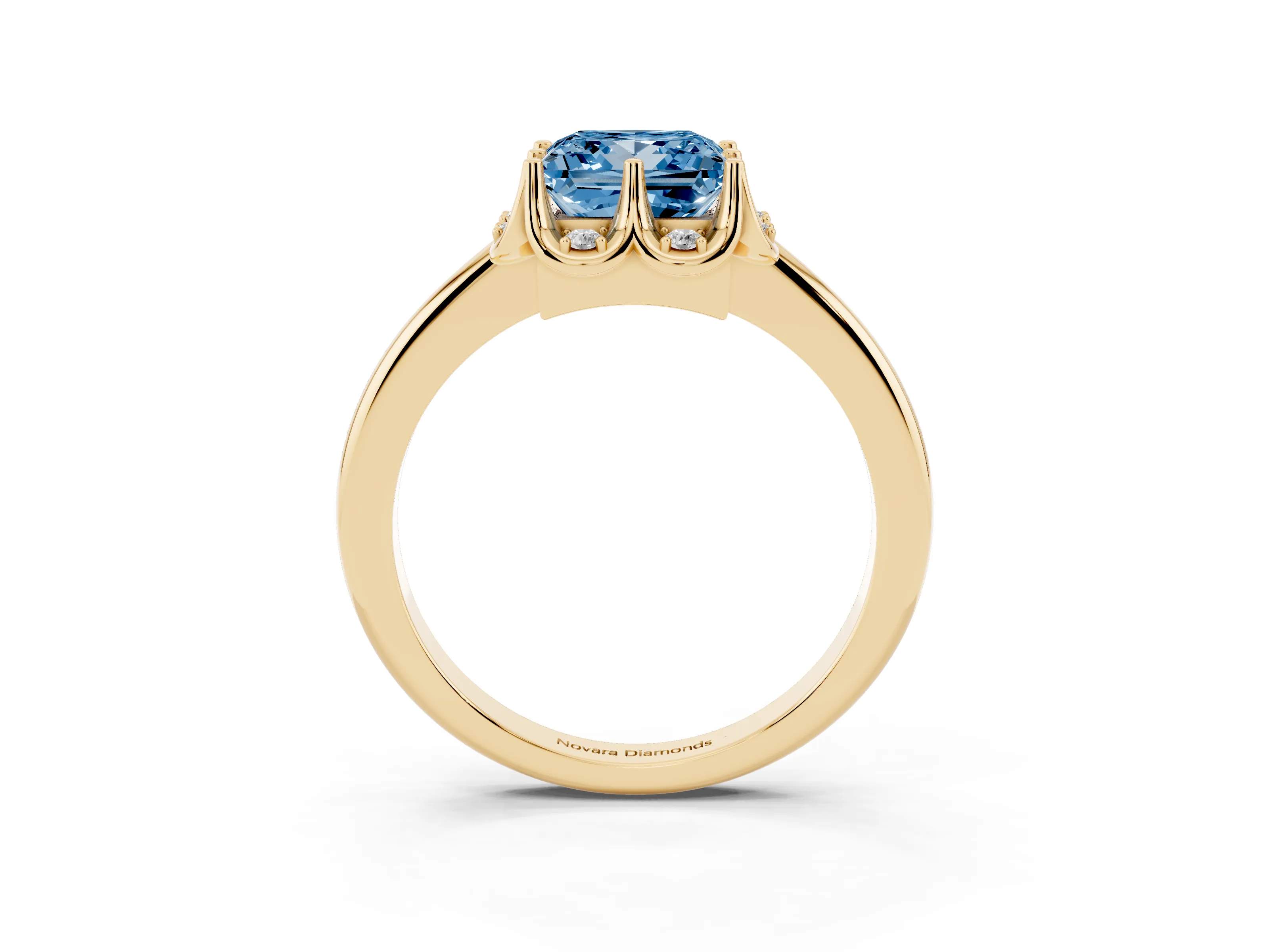 Fancy Blue Princess Cut Diamond Round Cluster Halo Ring Set in Yellow gold with Solitaire Band and Prong Setting