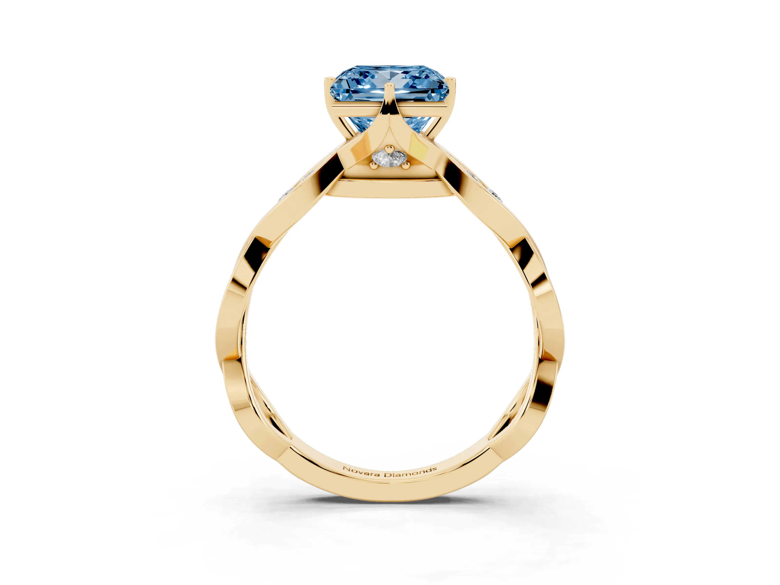 Fancy Blue Princess Cut Diamond Twist Band Solitaire Ring Set in Yellow gold with Leaf Prong Setting and Accent Stones
