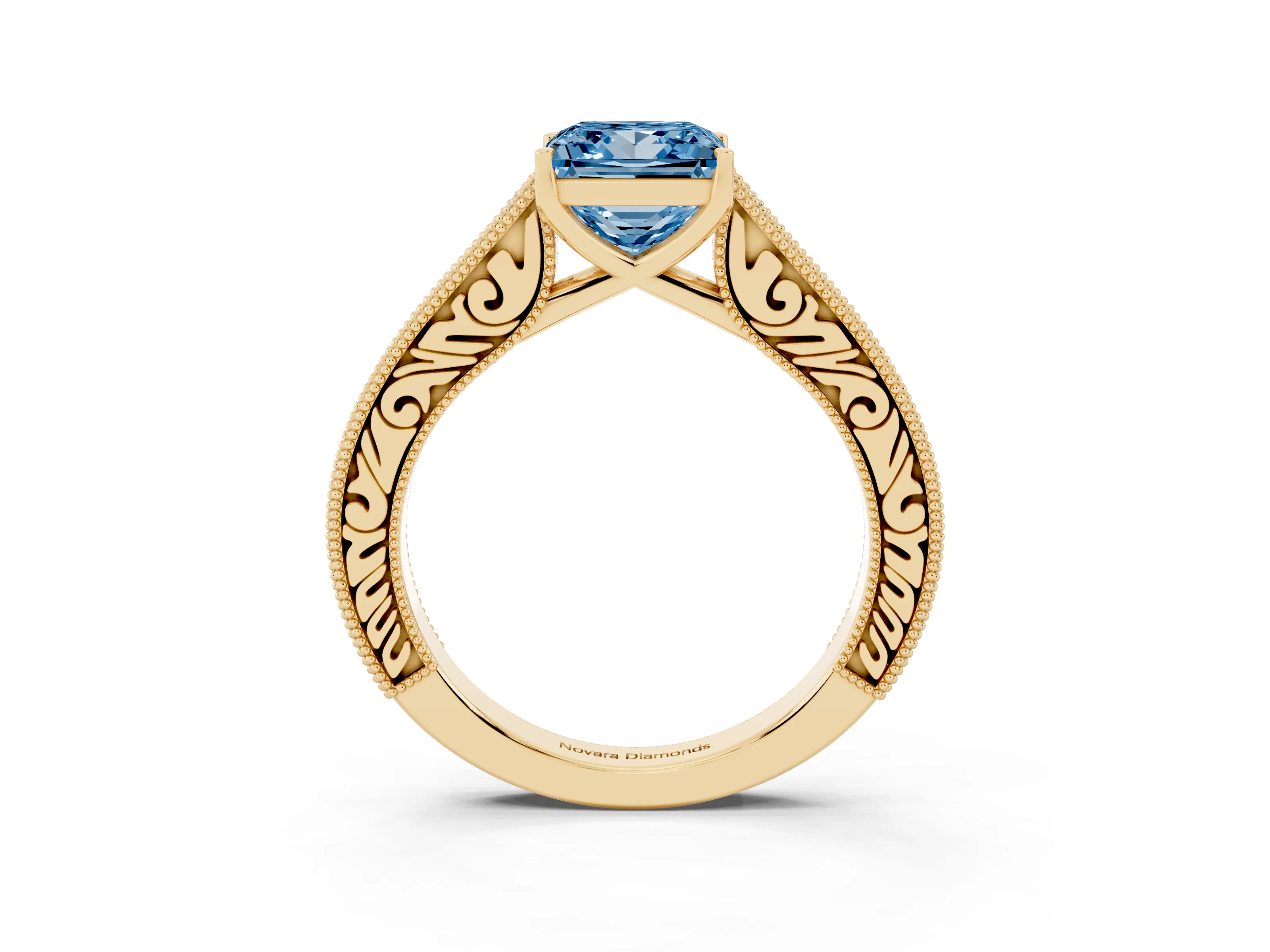 Fancy Blue Princess Cut Diamond Milgrain Pavé Band Solitaire Ring Set in Yellow gold with Prong Setting