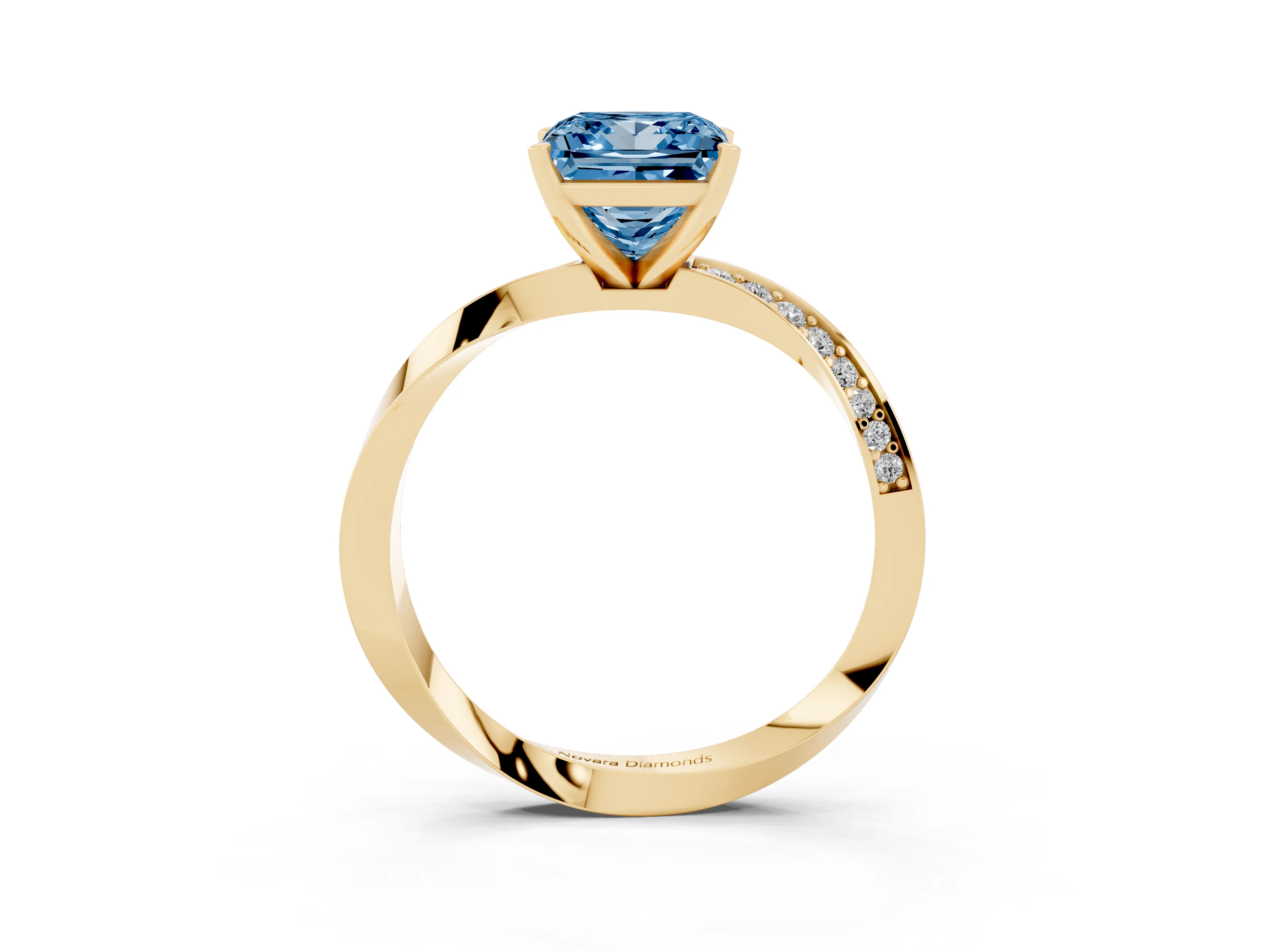Fancy Blue Princess Cut Diamond Engagement Ring Set in Yellow gold with Side Stone Accents and Prong Setting