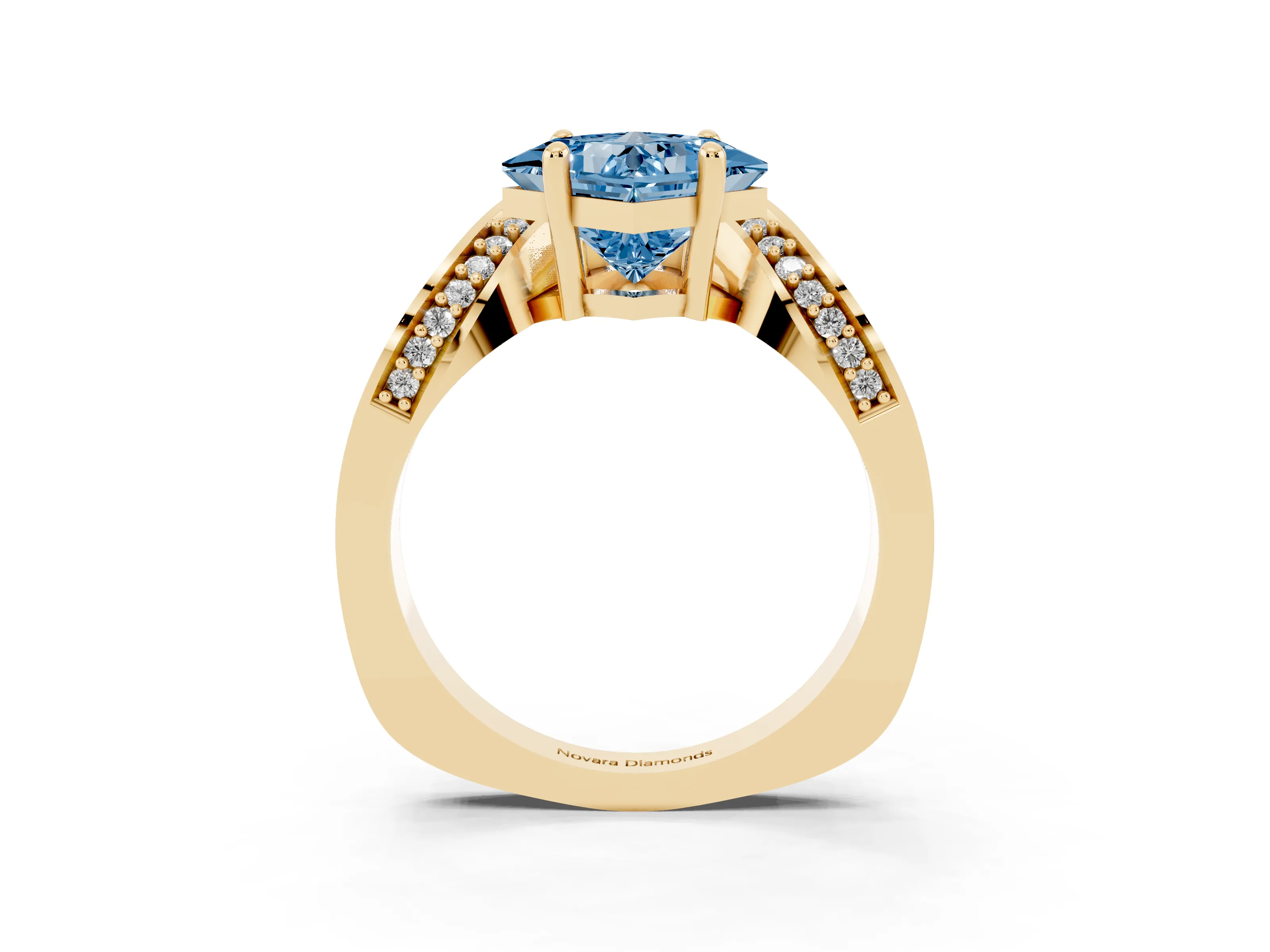 Fancy Blue Princess Cut Diamond Solitaire Engagement Ring Set in Yellow gold with Pavé Shoulders