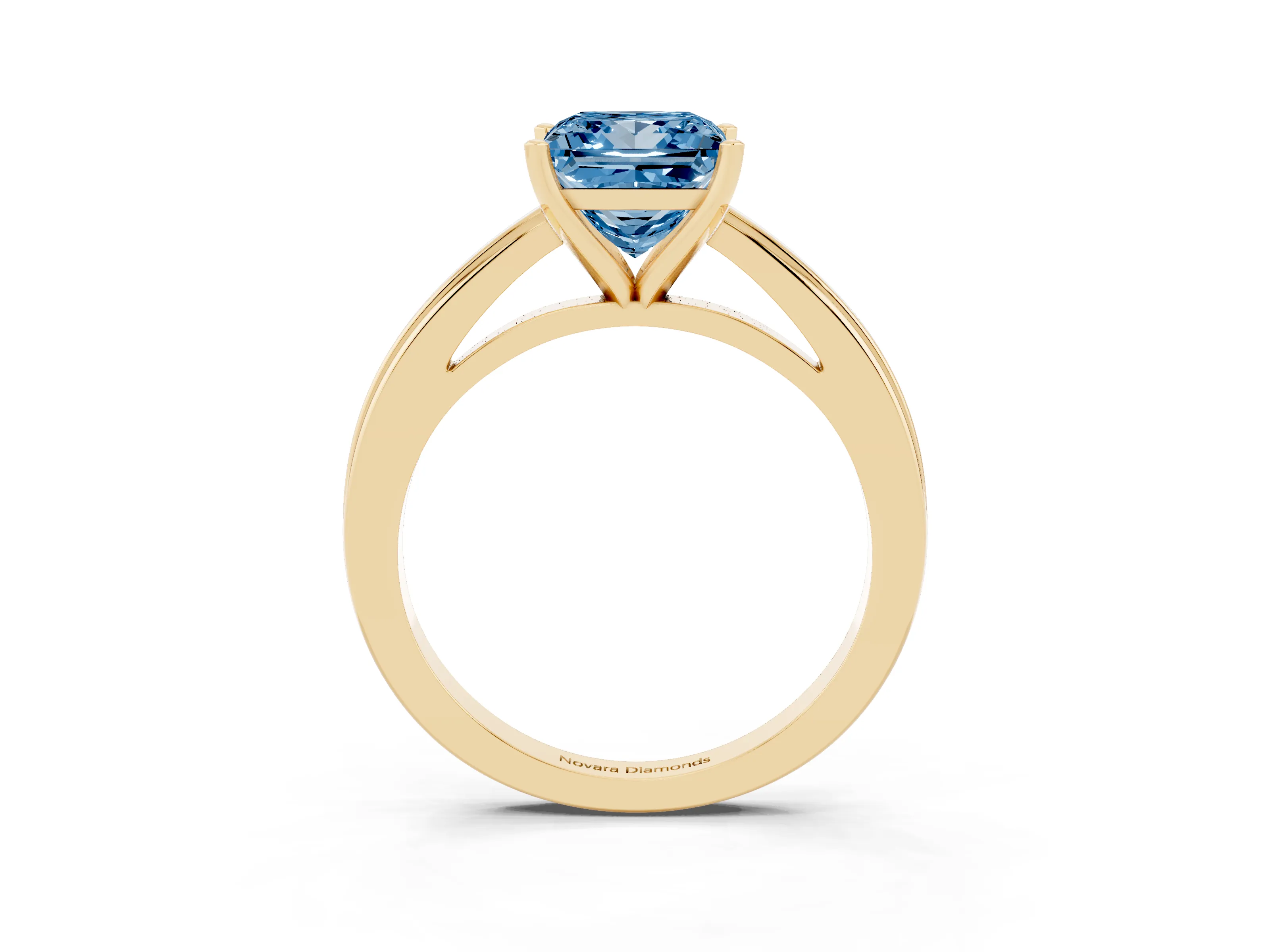 Fancy Blue Princess Cut Diamond Solitaire Ring Set in Yellow gold with Prong Setting and Classic Band