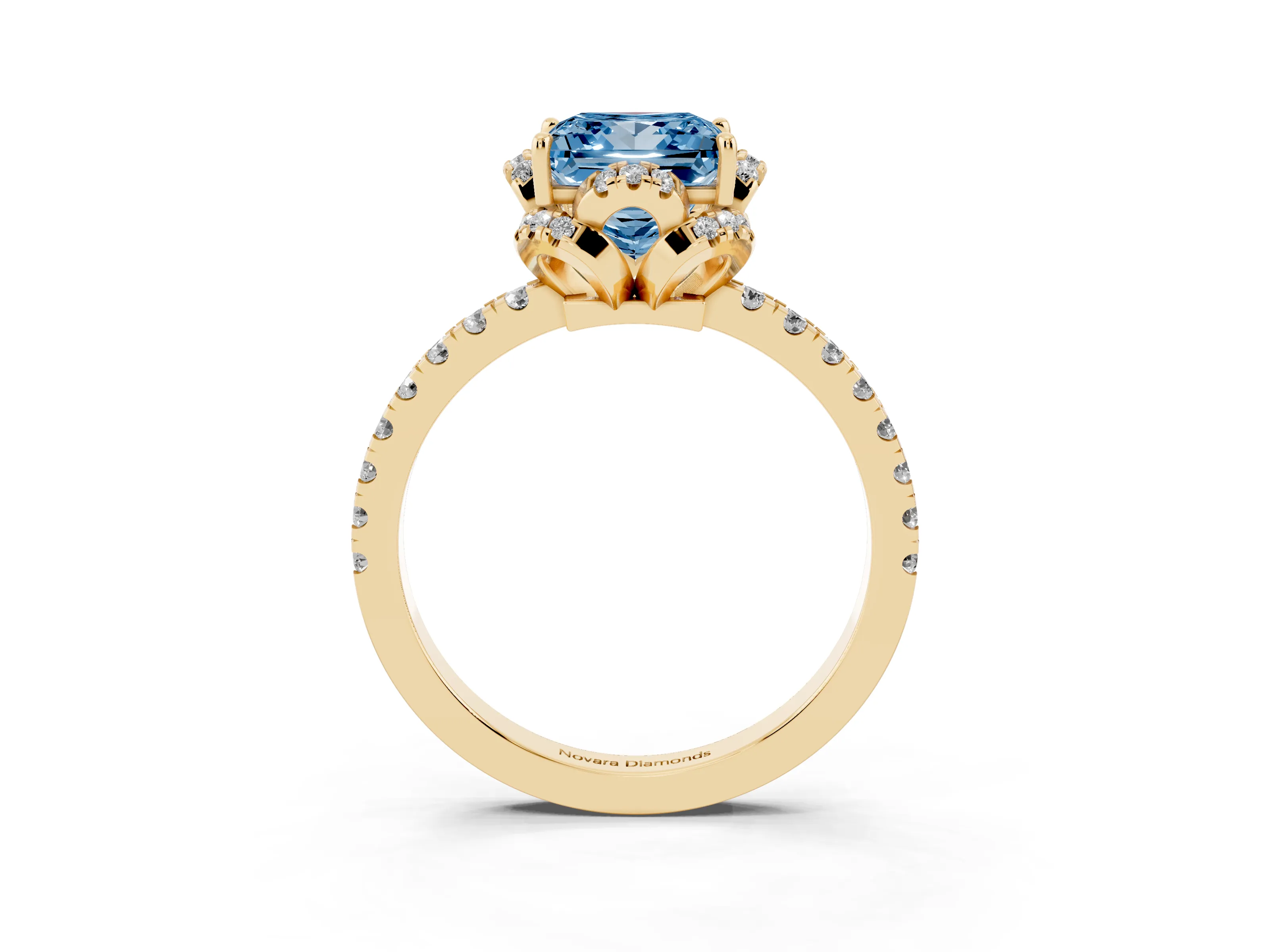 Fancy Blue Princess Cut Diamond Halo Pavé Band Ring Set in Yellow gold with Prong-Held Center