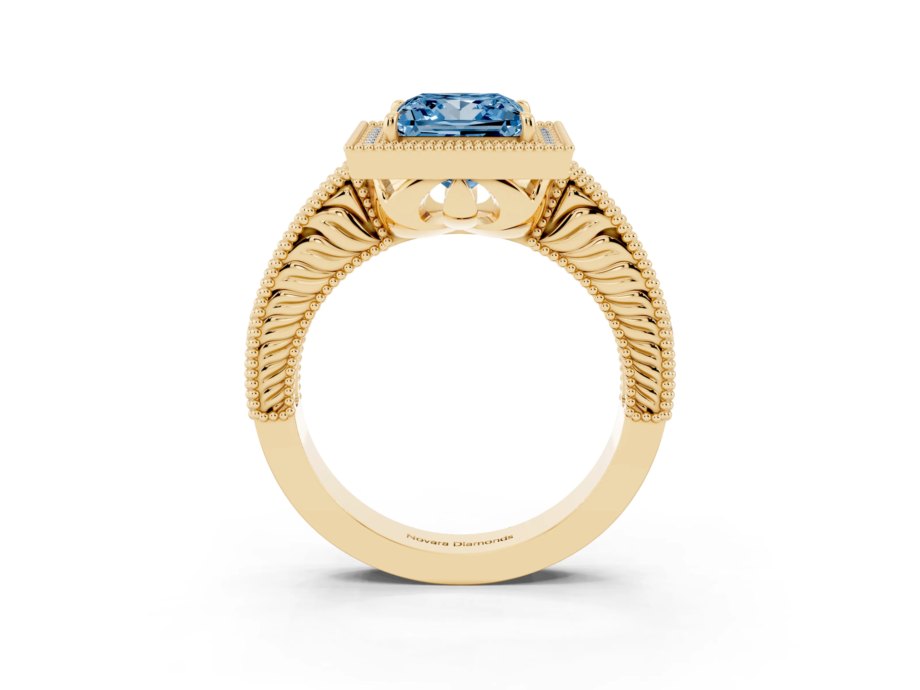 Fancy Blue Princess Cut Diamond Halo Ring Set in Yellow gold with Round Accent Halo, Pavé Band and Prong Setting