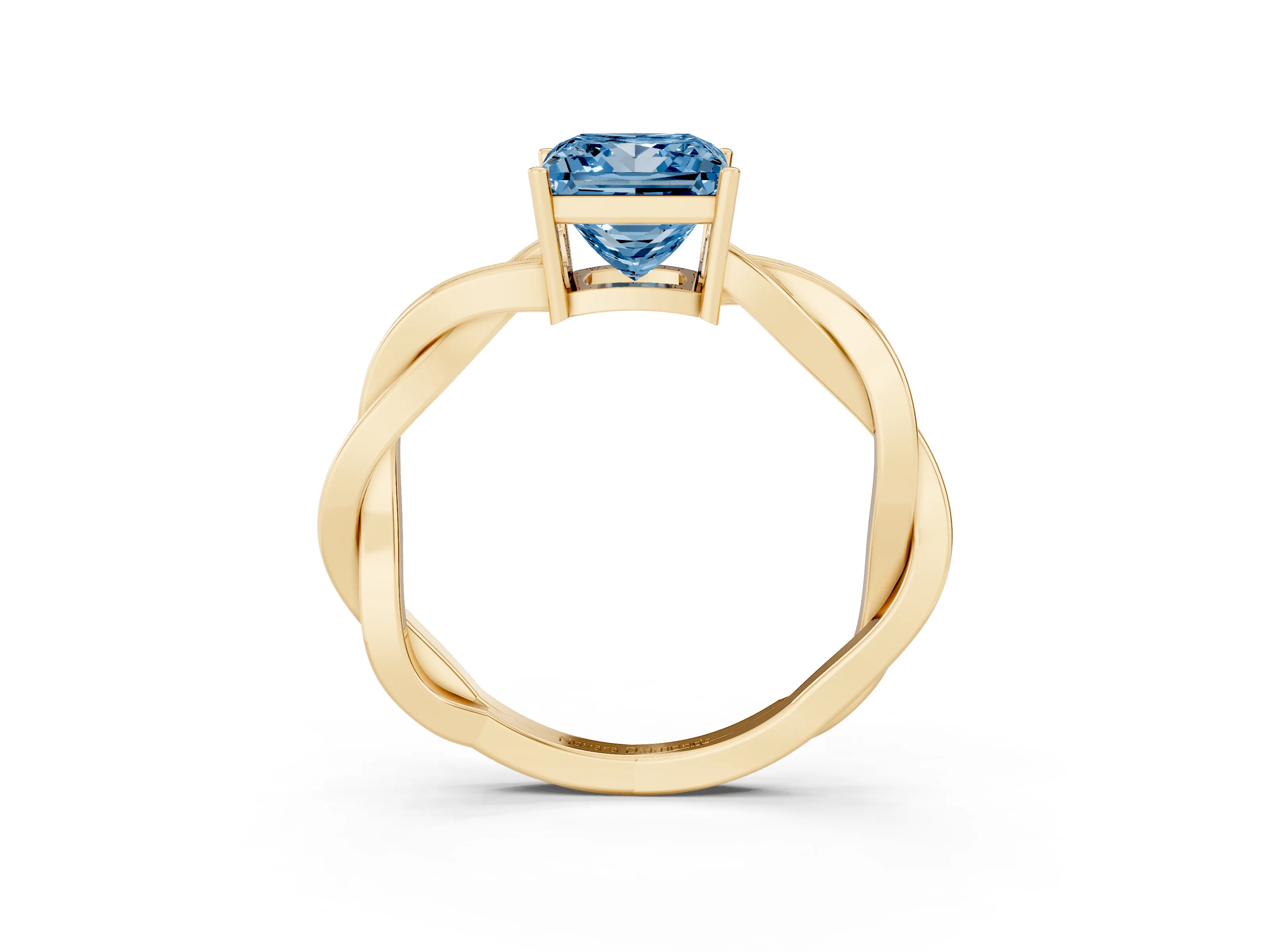 Fancy Blue Princess Cut Diamond Solitaire Twisted Pavé Ring Set in Yellow gold with Prong Setting