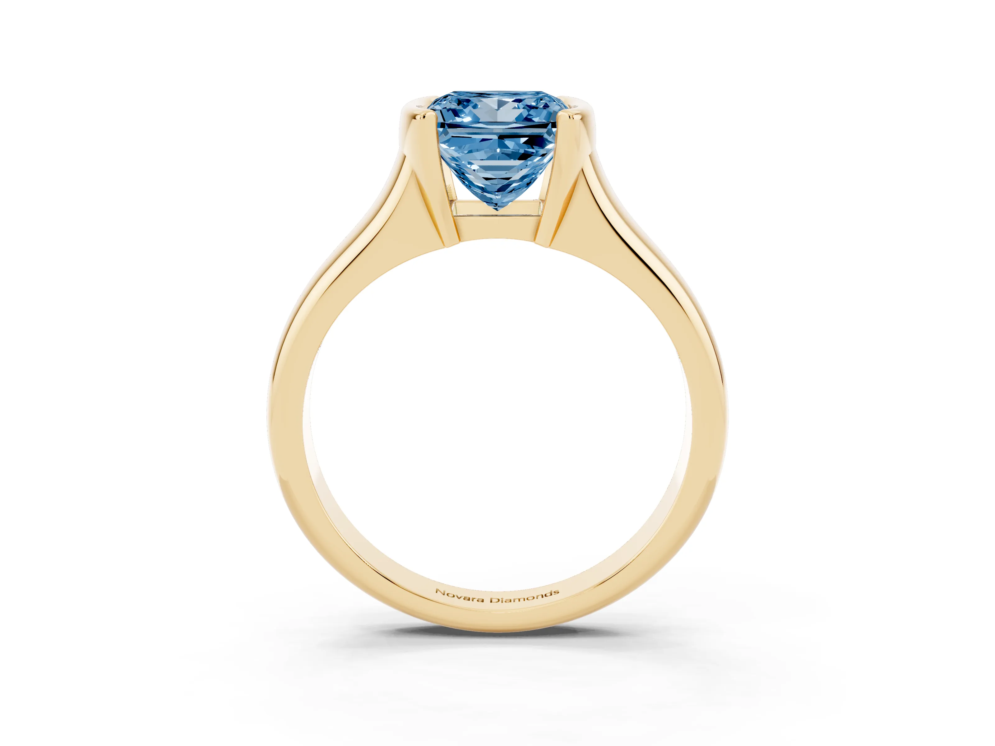 Fancy Blue Princess Cut Diamond Solitaire Tension Set Ring Set in Yellow gold with Split Shank Band