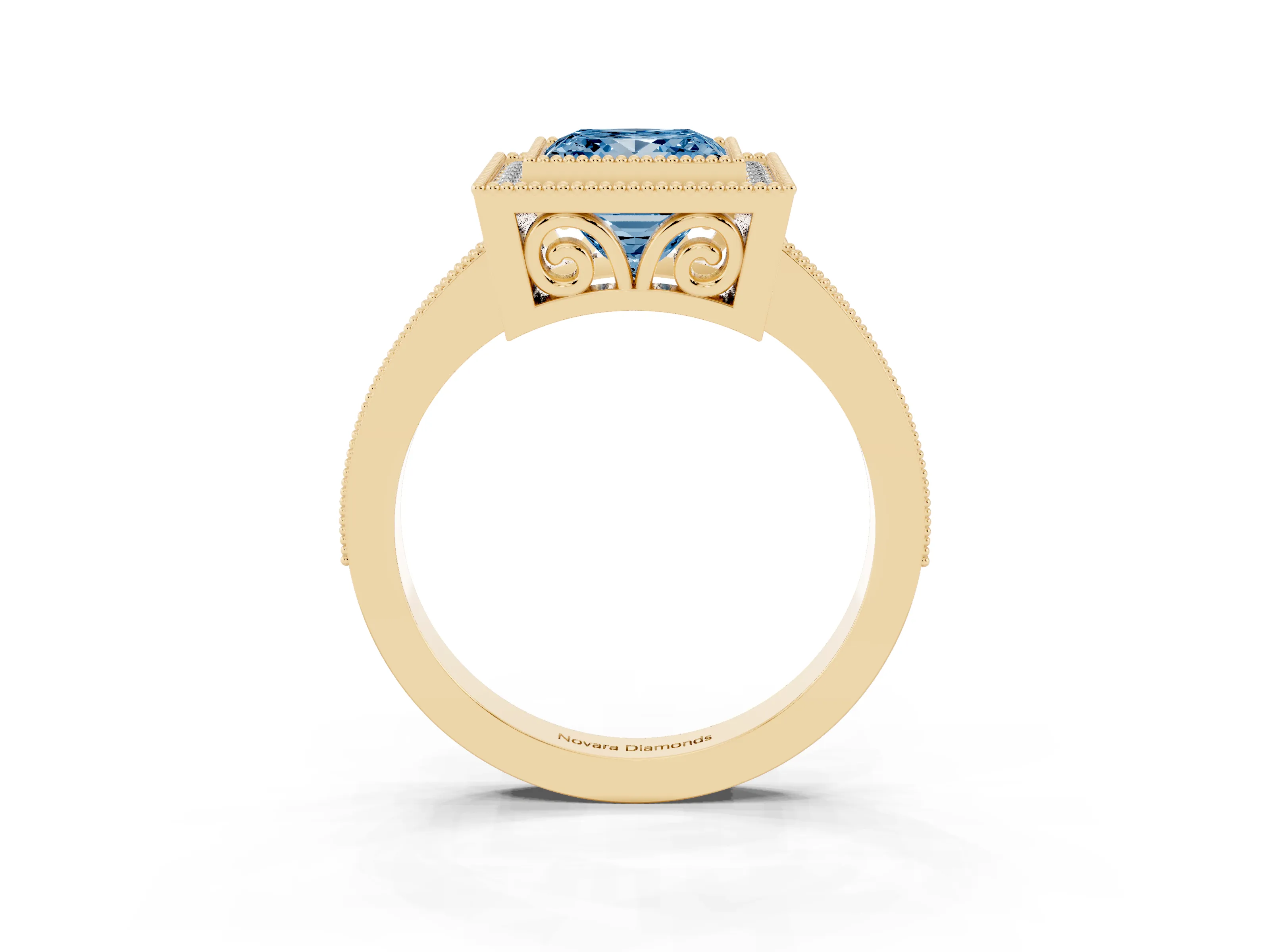 Fancy Blue Princess Cut Diamond Halo Ring Set in Yellow gold with Pavé Band and Milgrain-Edged Prongs