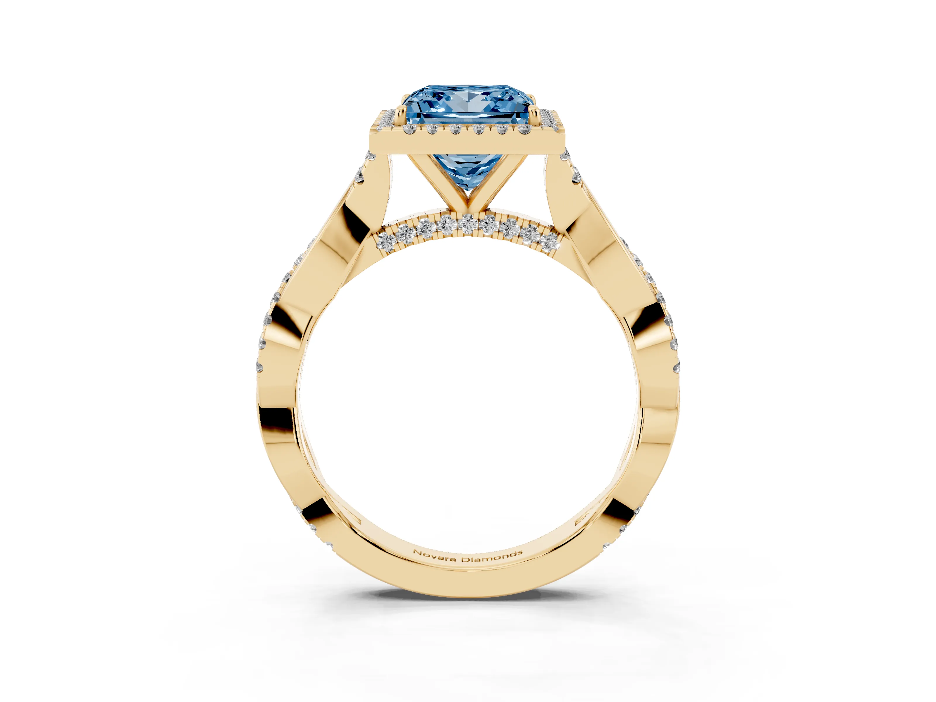 Fancy Blue Princess Cut Diamond Halo Twist Band Solitaire Ring Set in Yellow gold with Prong Setting