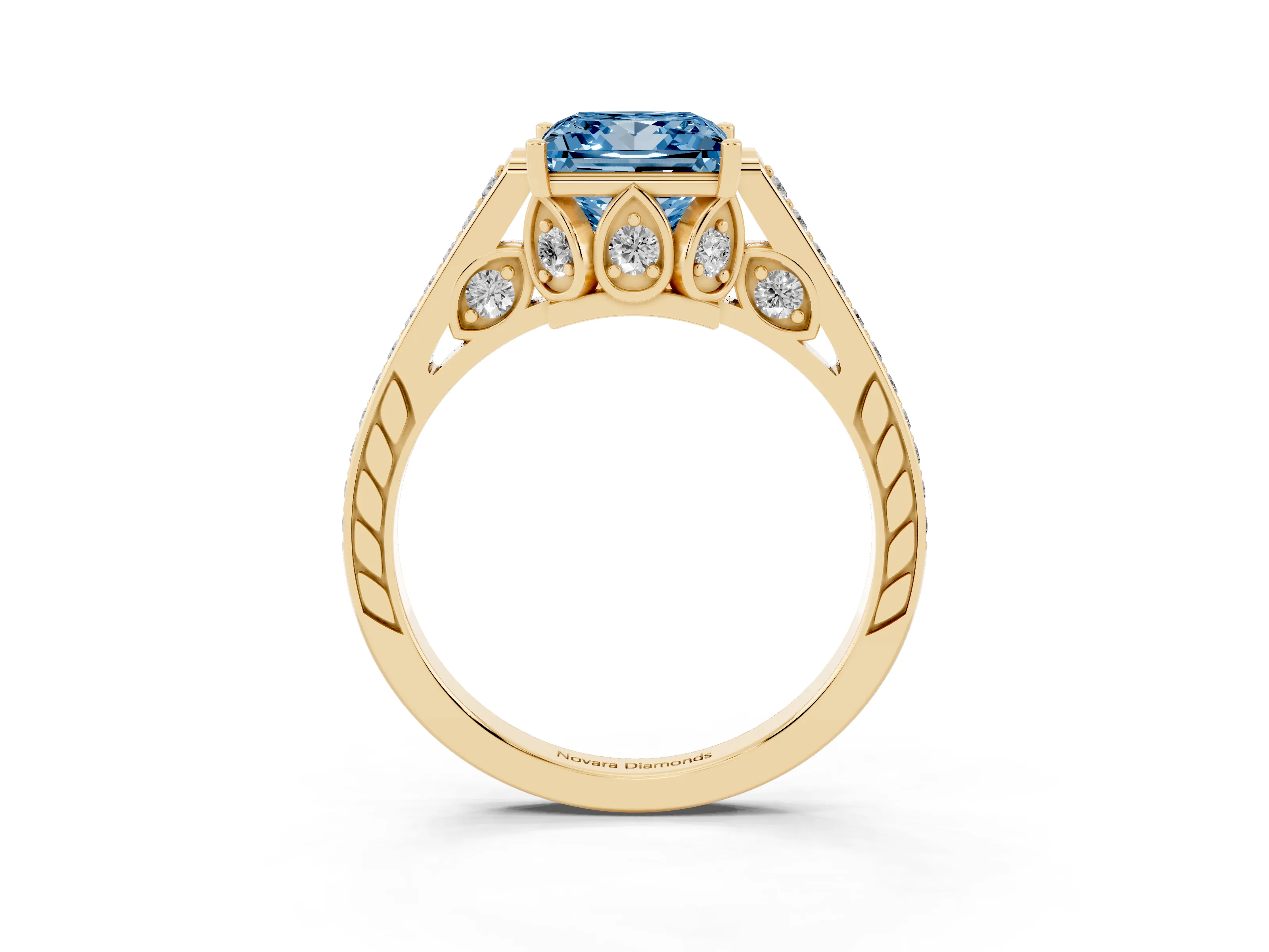 Fancy Blue Princess Cut Diamond Cathedral Pavé Engagement Ring Set in Yellow gold with Prong Setting
