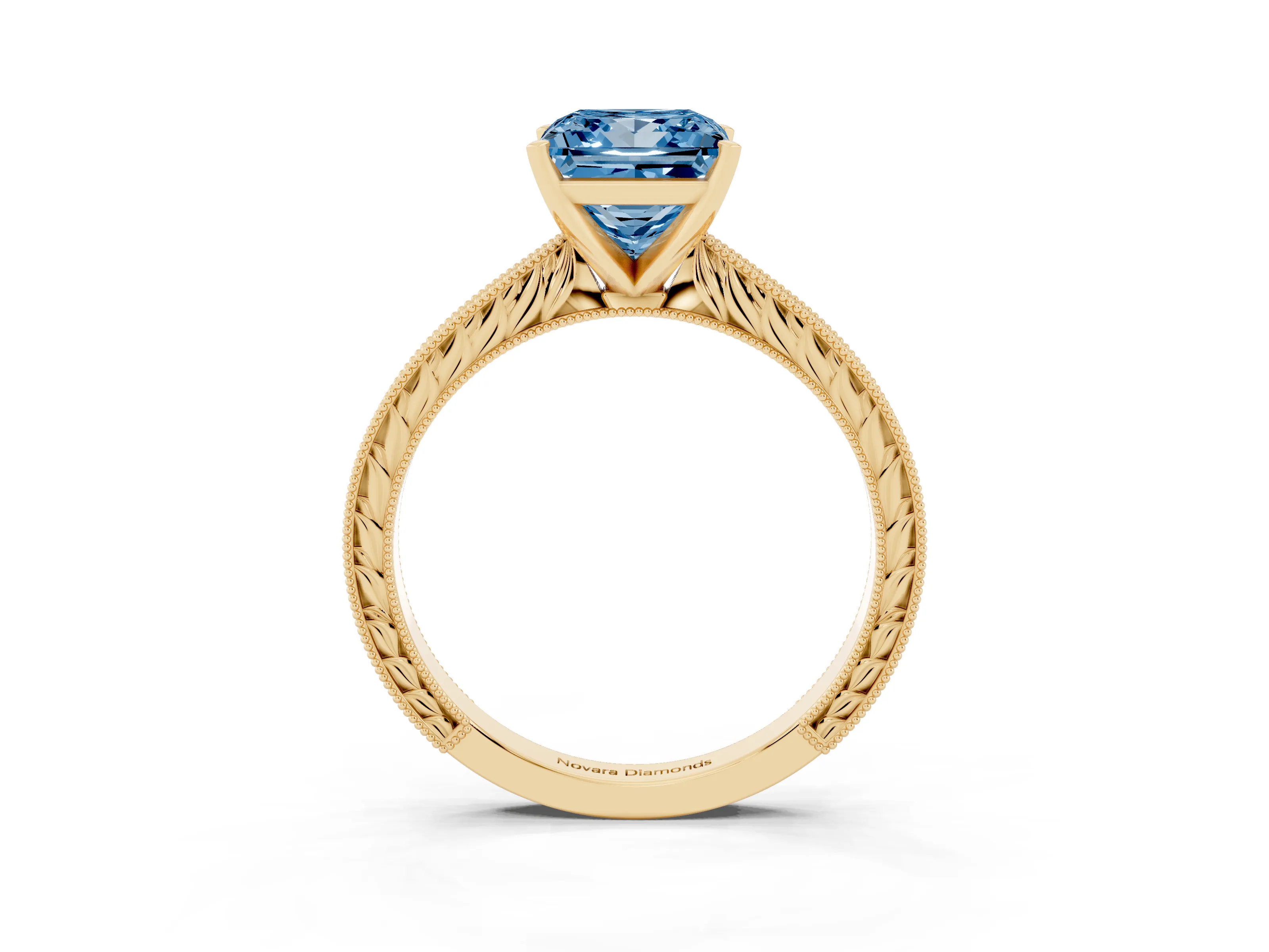 Fancy Blue Princess Cut Diamond Solitaire Milgrain Engraved Band Set in Yellow gold with Prong Setting