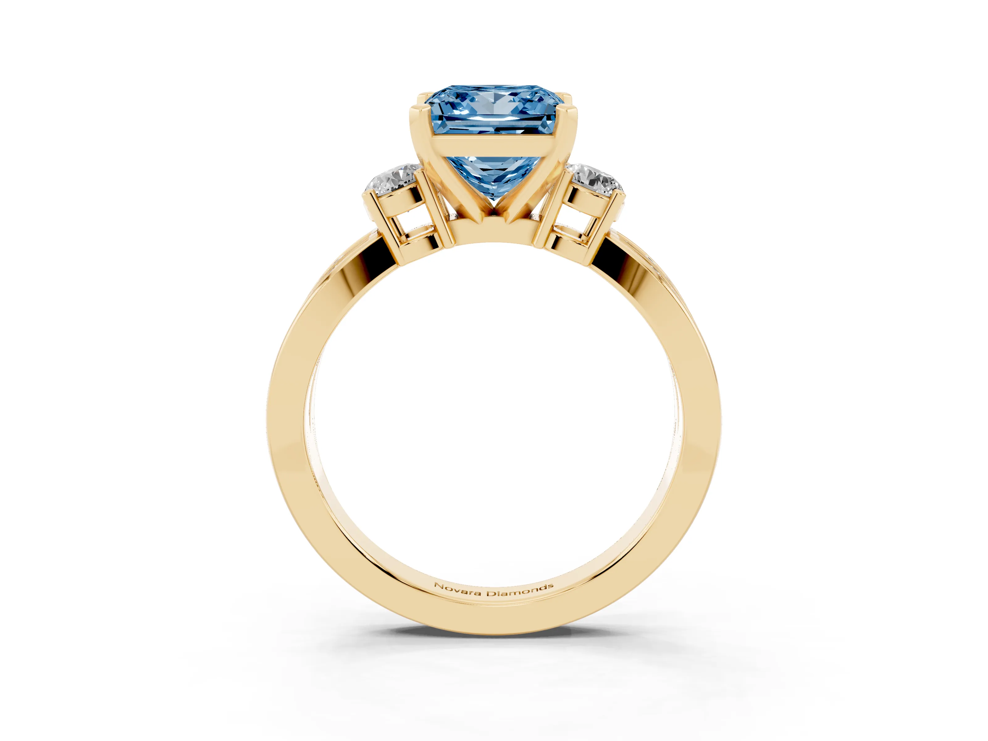 Fancy Blue Three-Stone Princess Cut Diamond Twist Band Ring Set in Yellow gold with Pavé Accents and Prong Setting