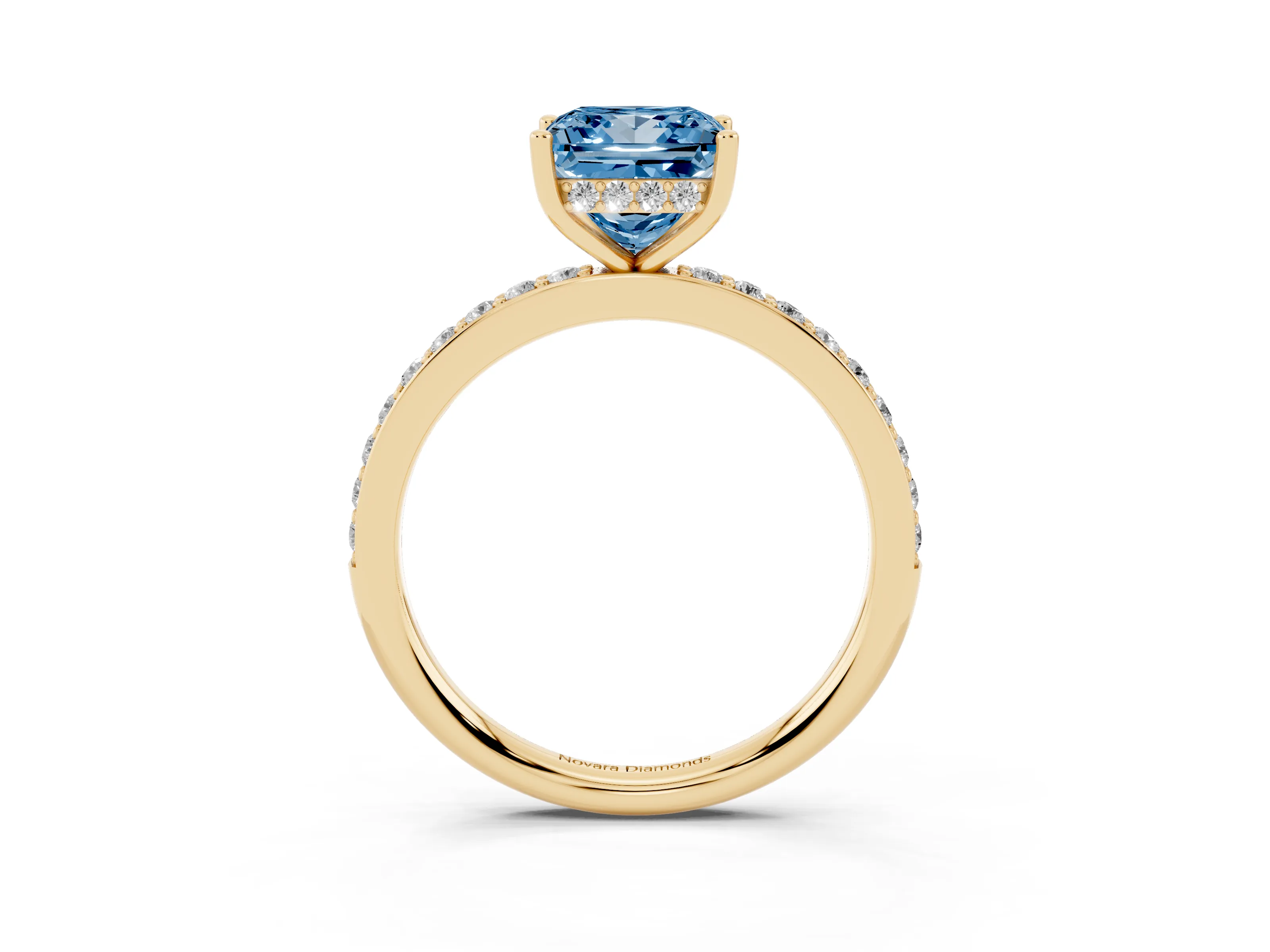 Fancy Blue Princess Cut Diamond Pavé Band Ring Set in Yellow gold with Prong-Set Center Stone