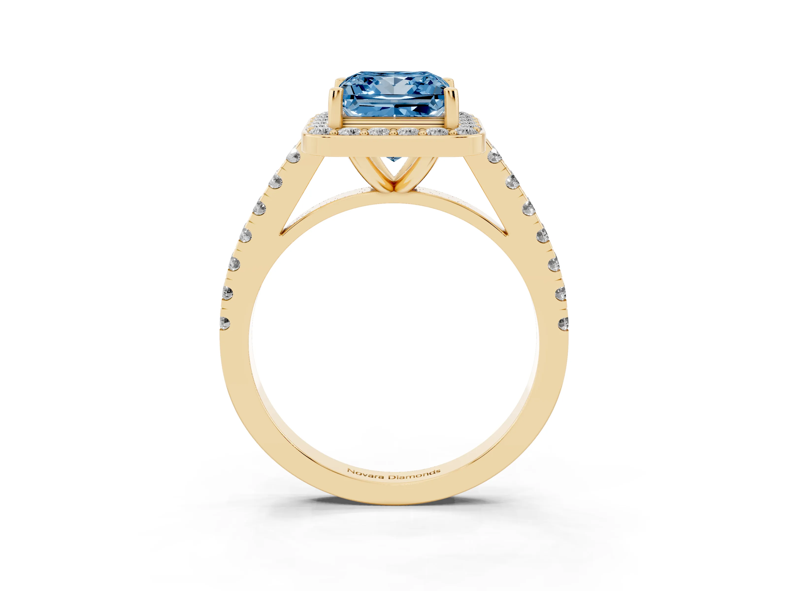 Fancy Blue Princess Cut Diamond Halo Ring Set in Yellow gold with Round Pavé Split Shank and Prong Setting