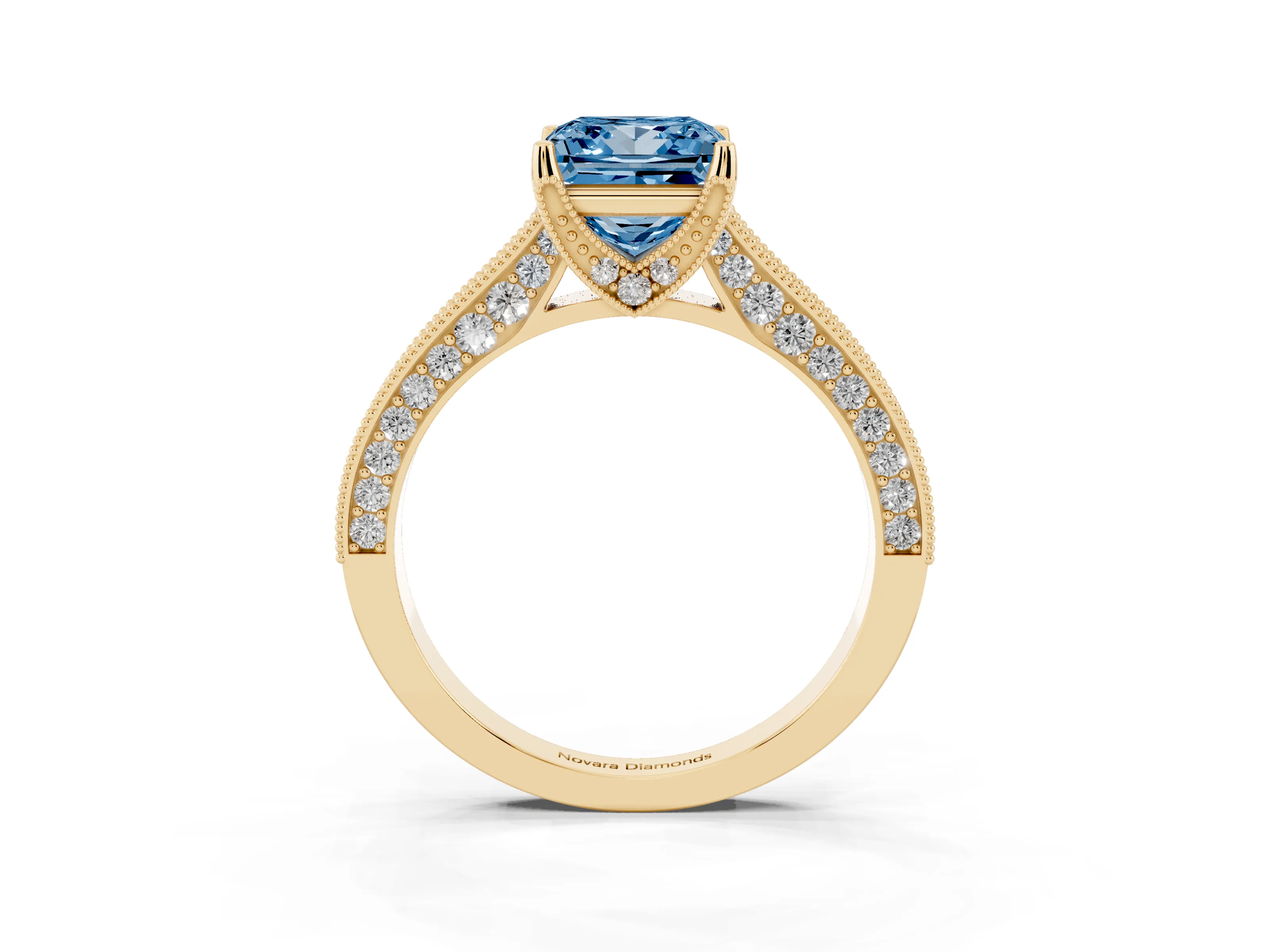 Fancy Blue Princess Cut Diamond Solitaire Ring Set in Yellow gold with Milgrain-Edged Pavé Band and Prong Setting