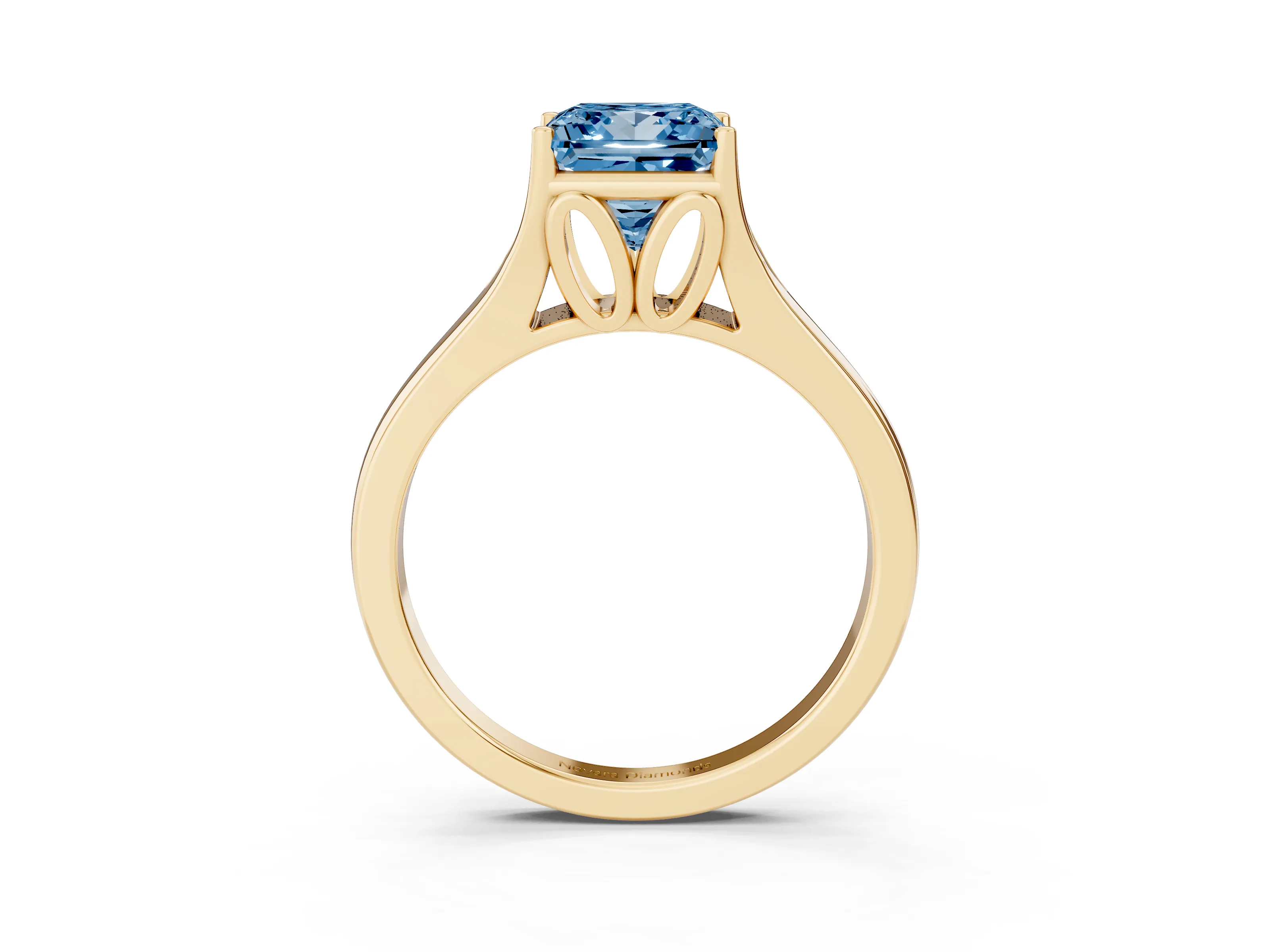 Fancy Blue Princess Cut Diamond Solitaire Ring Set in Yellow gold with Arched Cathedral Band and Prong Setting