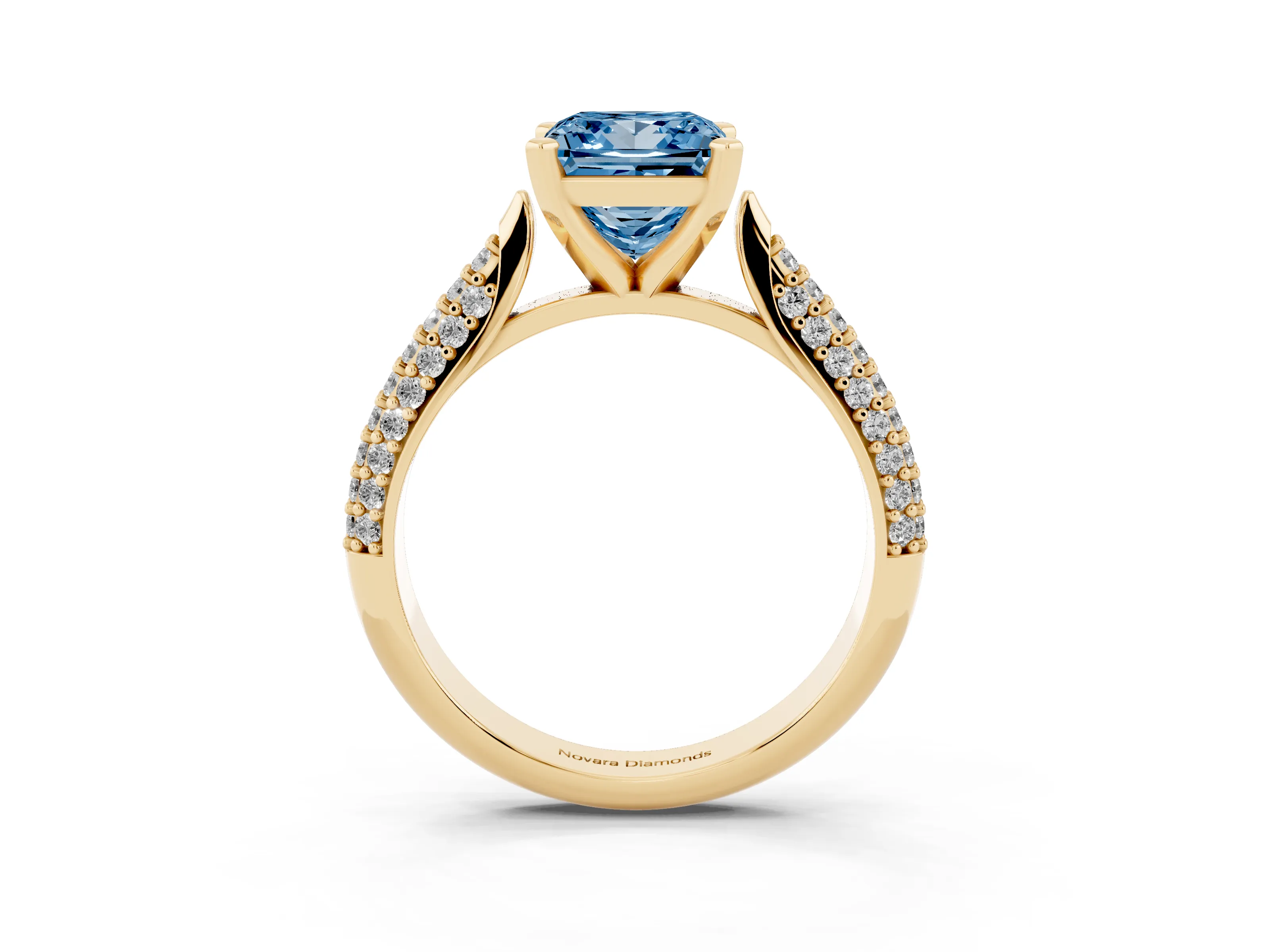 Fancy Blue Princess Cut Diamond Solitaire Engagement Ring Set in Yellow gold with Multi-Row Round Pavé Band and Prong Setting