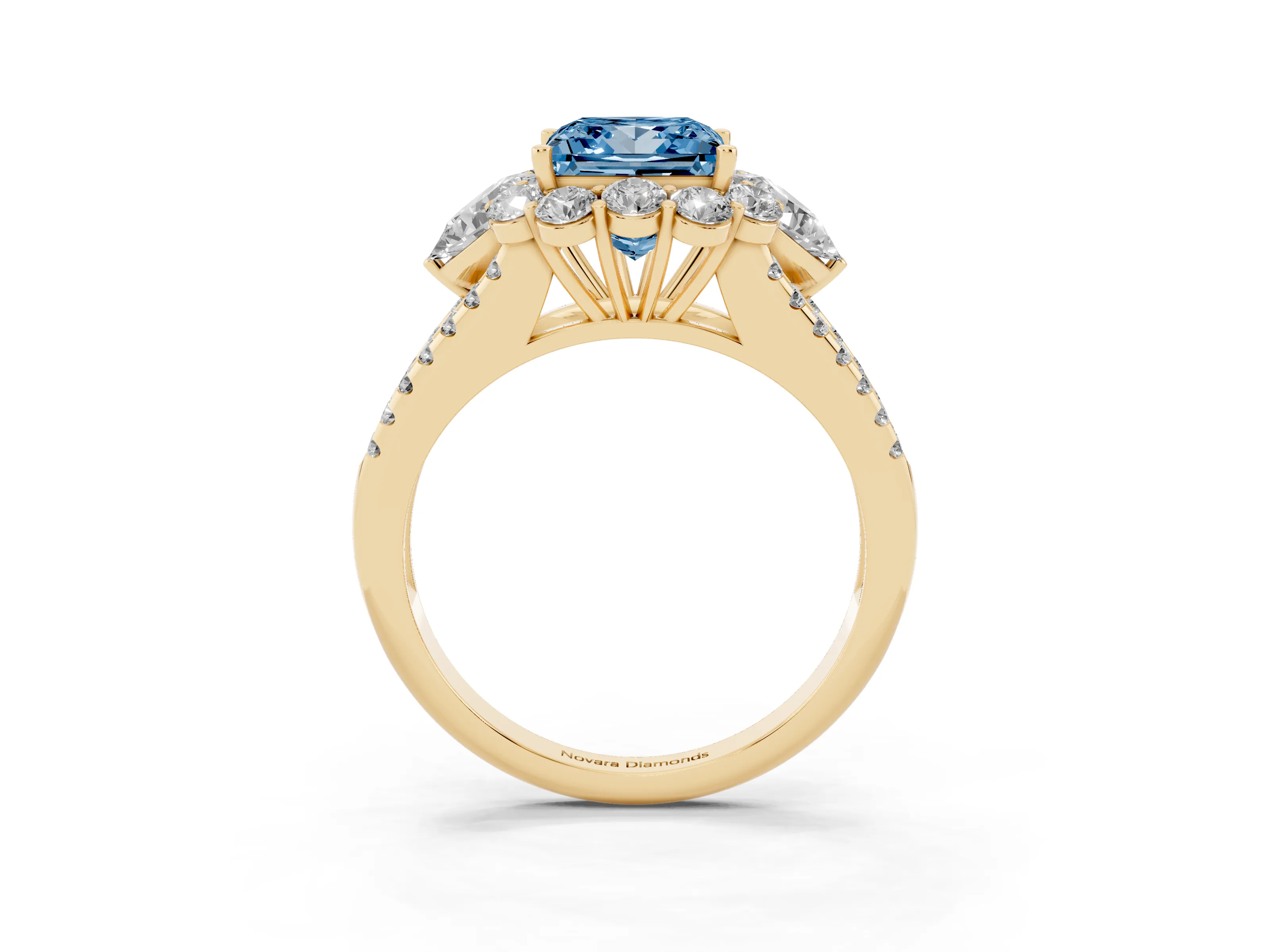 Fancy Blue Princess Cut Diamond Halo Split Shank Engagement Ring Set in Yellow gold with Prong-Held Center Stone